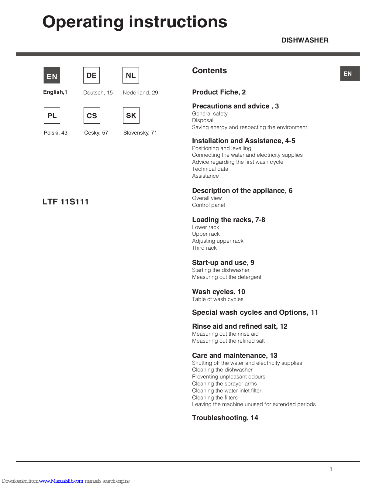 Hotpoint LTF 11S111 Operating Instructions Manual