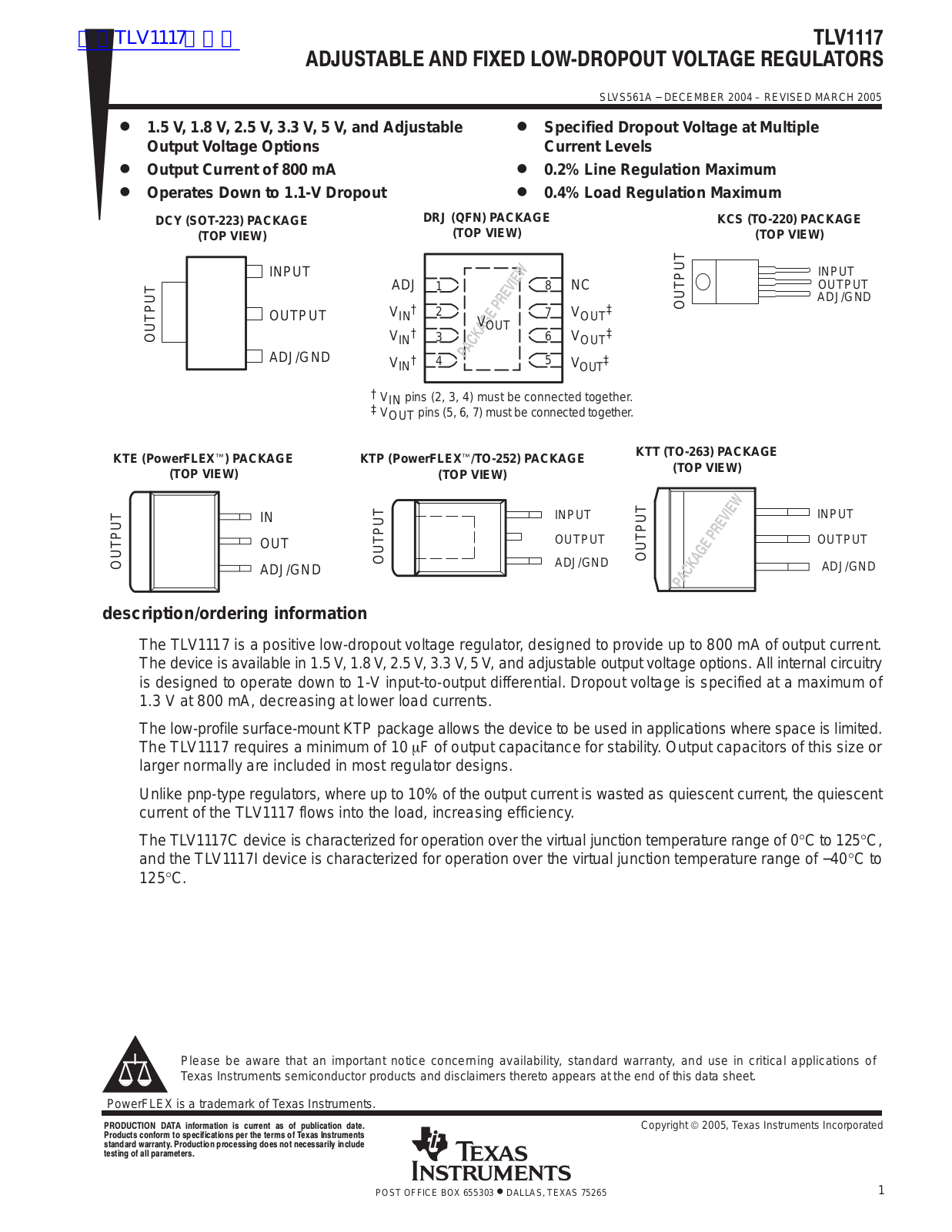 TEXAS INSTRUMENTS TLV1117 Technical data