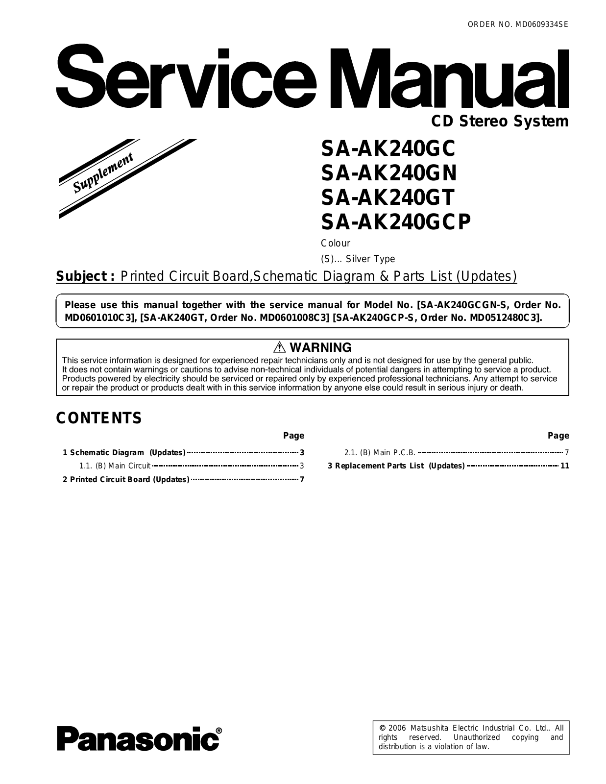 Panasonic SAAK-240-GC, SAAK-240-GCP, SAAK-240-GN, SAAK-240-GT Service manual
