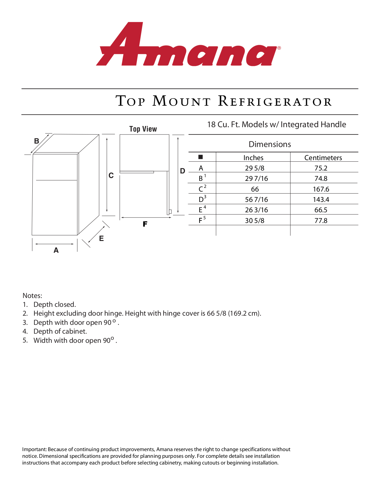 Amana ATB1836ARW, ATF1836ARW, ATB1832ARW, ATB1830ARB, ATB1830ARW Dimension Guide