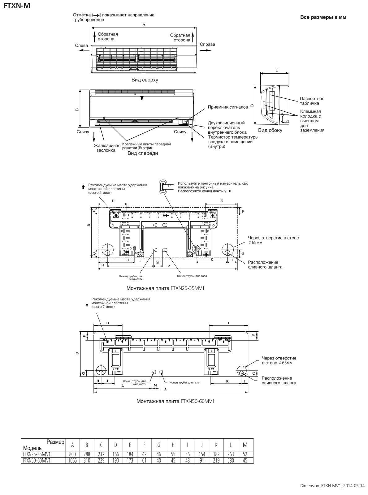 Daikin FTXN35M, FTXN25M, FTXN60M, FTXN50M Dimensions