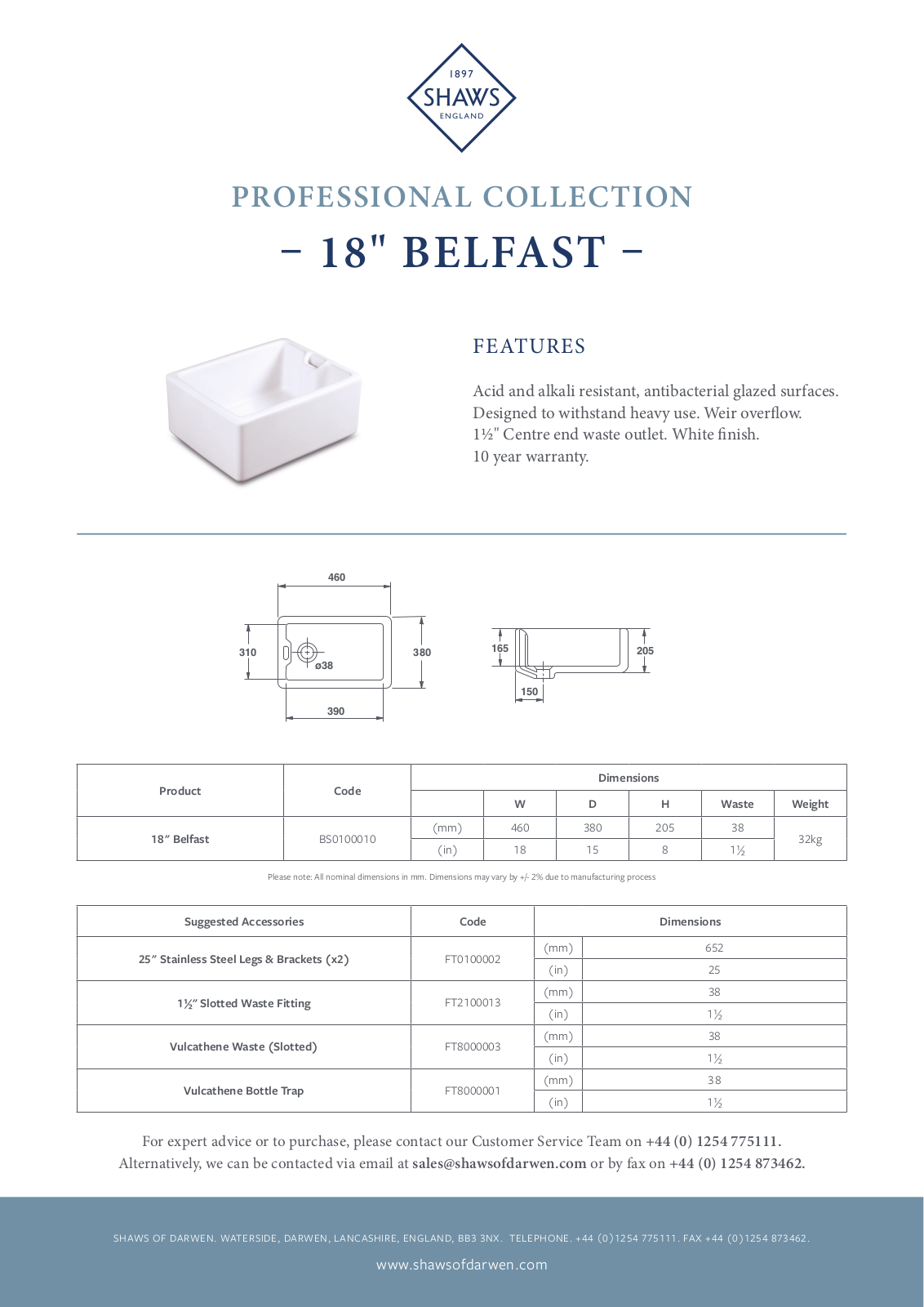 Shaws BS0100010 Specifications Sheet