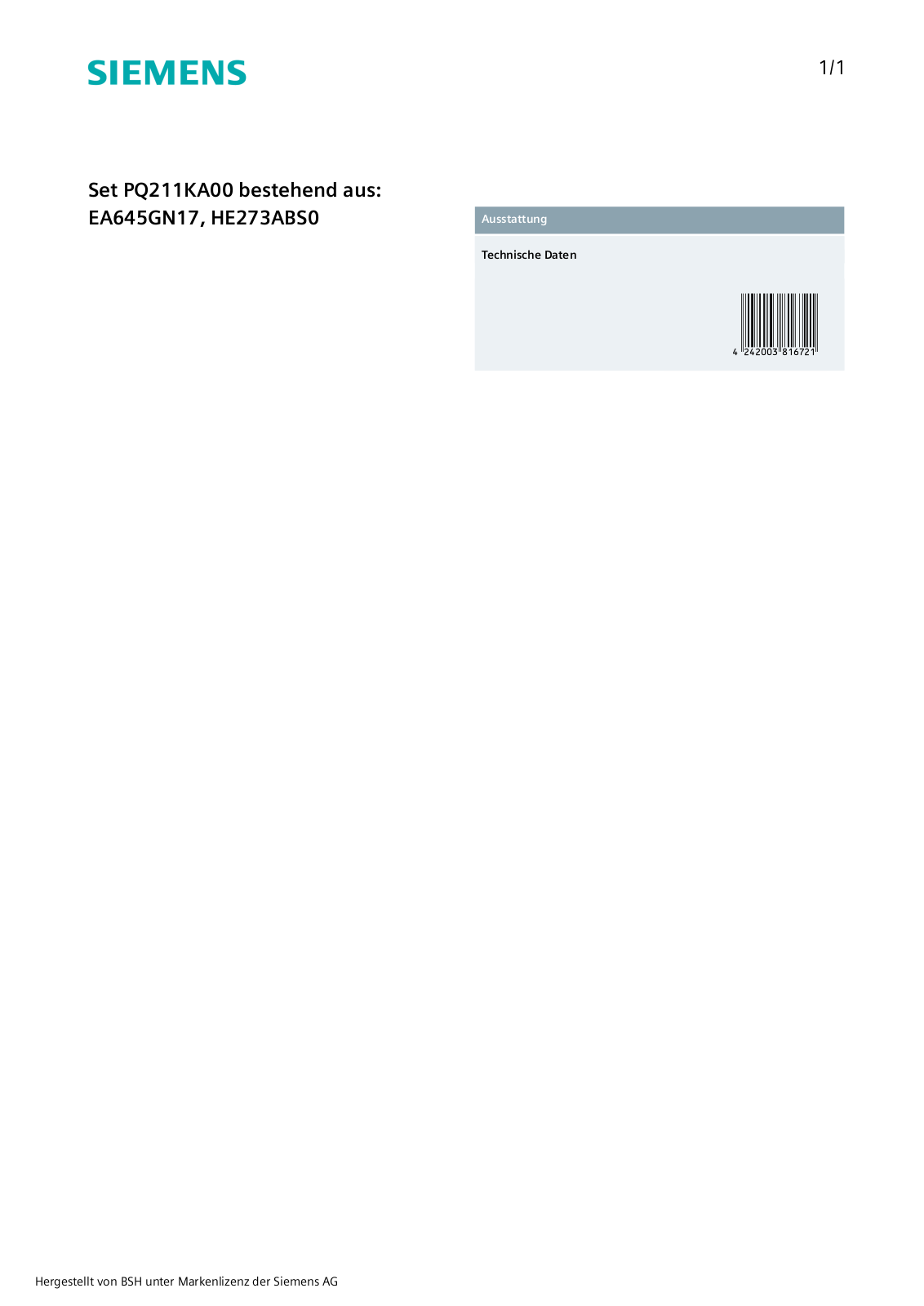 Siemens PQ211KA00 User Manual