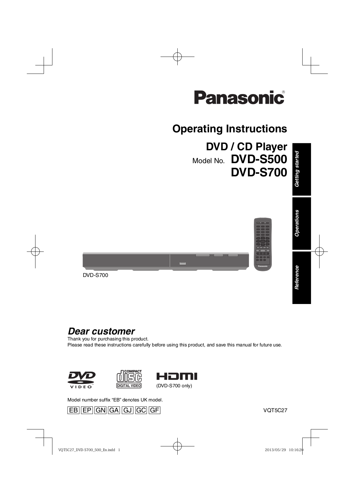 Panasonic VQT5C27, DVD-S700, DVD-S500 User Manual