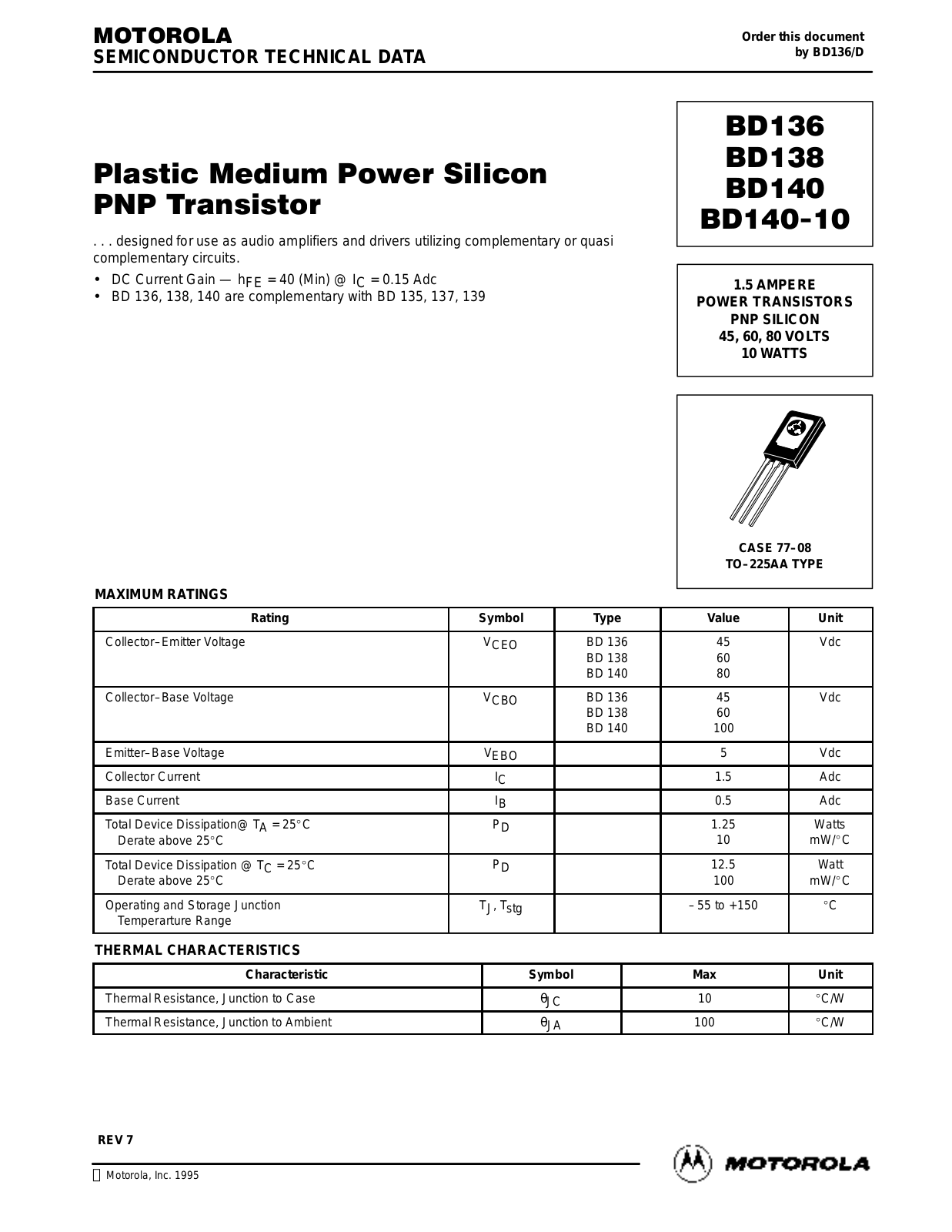 Motorola BD140-10, BD140, BD138, BD136 Datasheet