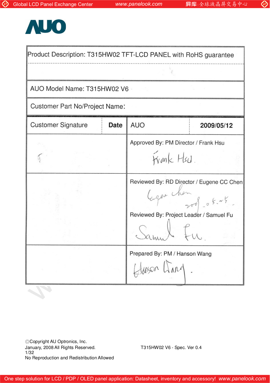 AUO T315HW02 V6 Specification