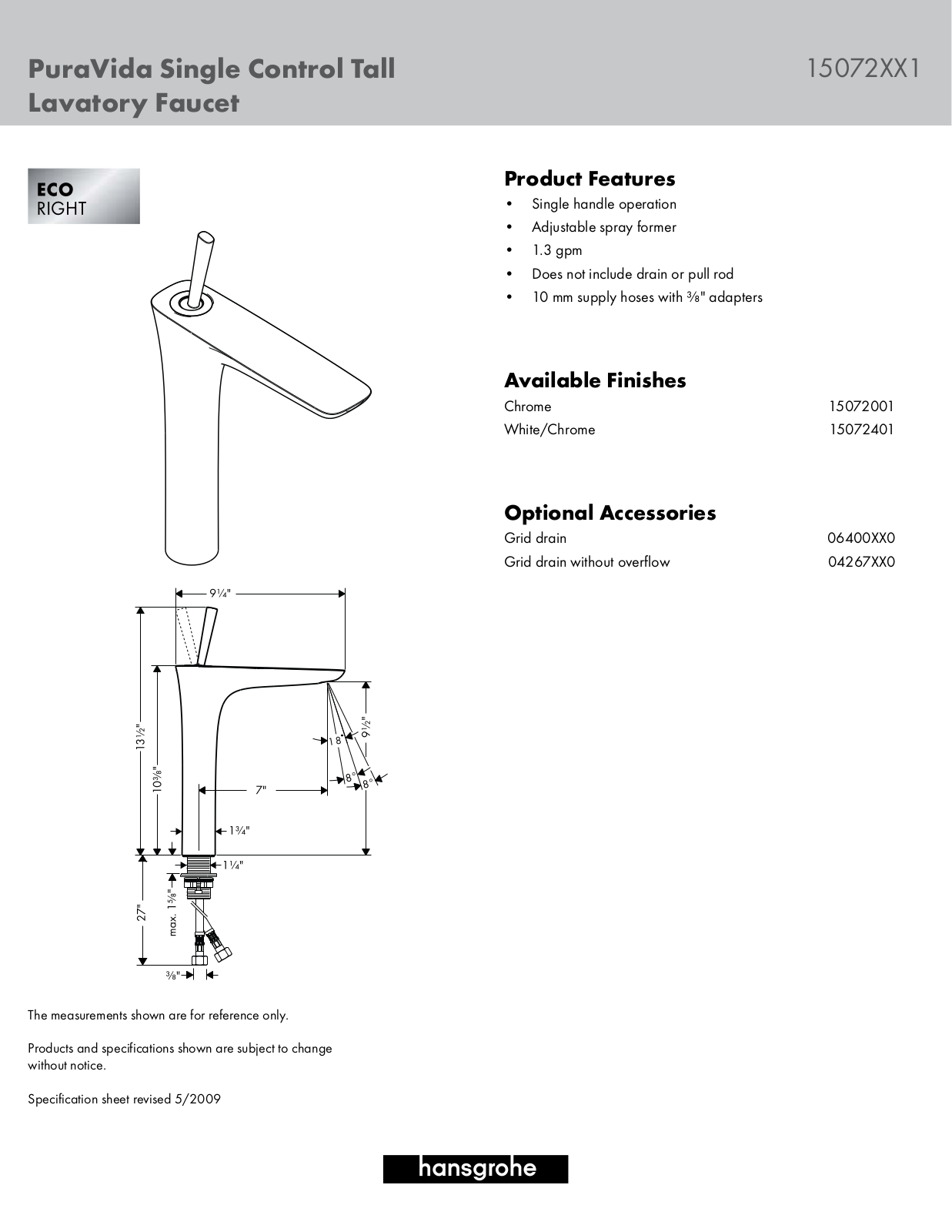 Hansgrohe 15072001 Specs