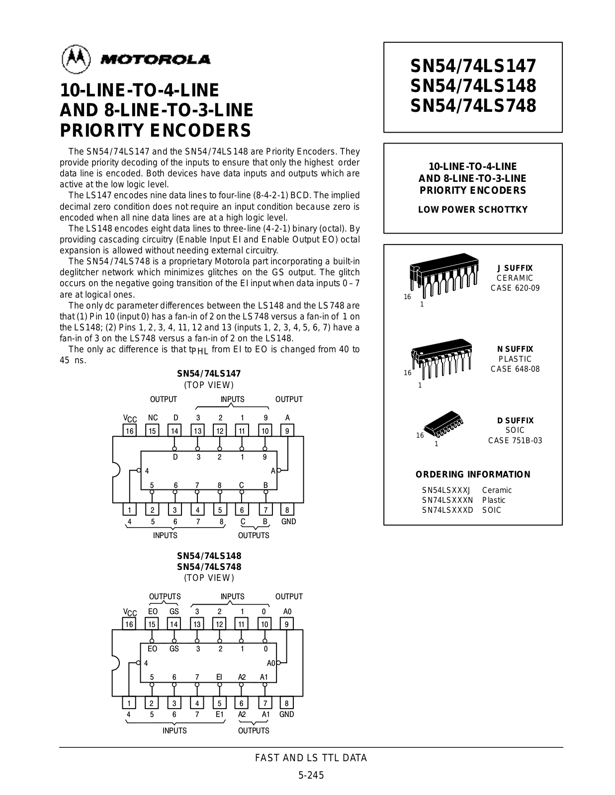 Motorola SN54LS147J, SN54LS148J, SN54LS748J, SN74LS147D, SN74LS147N Datasheet