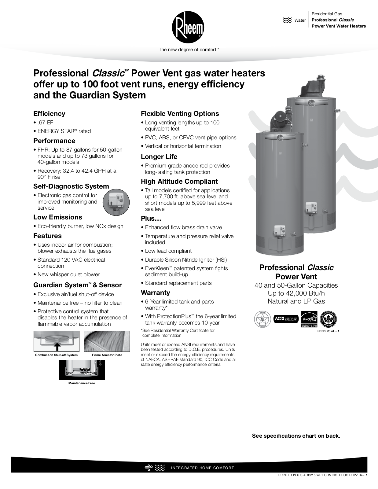 Rheem Professional Classic Series Power Vent Specification