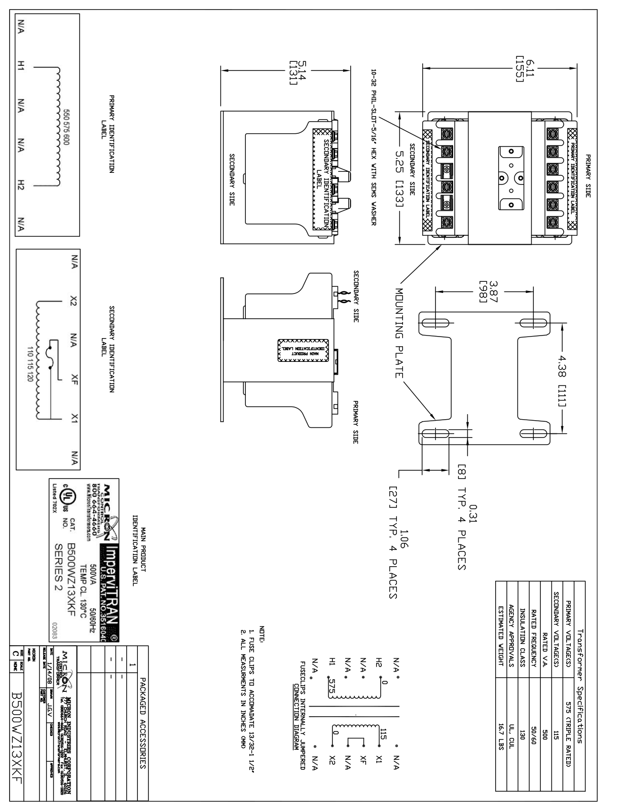 Micron Industries B500WZ13XKF Specification Sheet