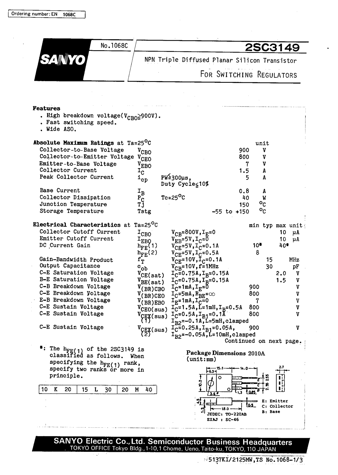 SANYO 2SC3149 Datasheet