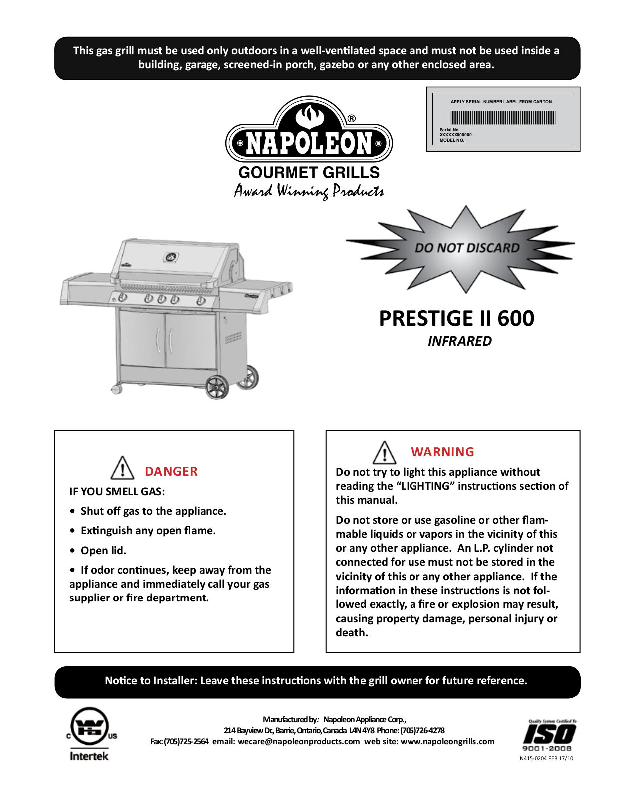 Napoleon Grills PRESTIGE II 600 User Manual