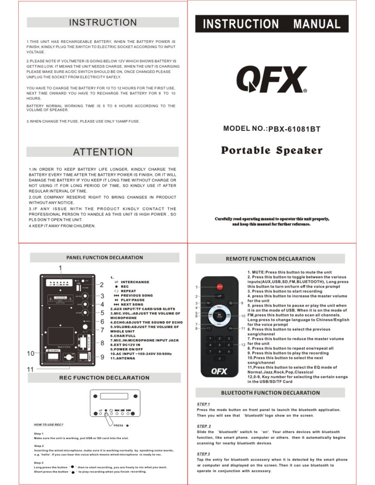 QFX PBX-61081BT Instruction Manual