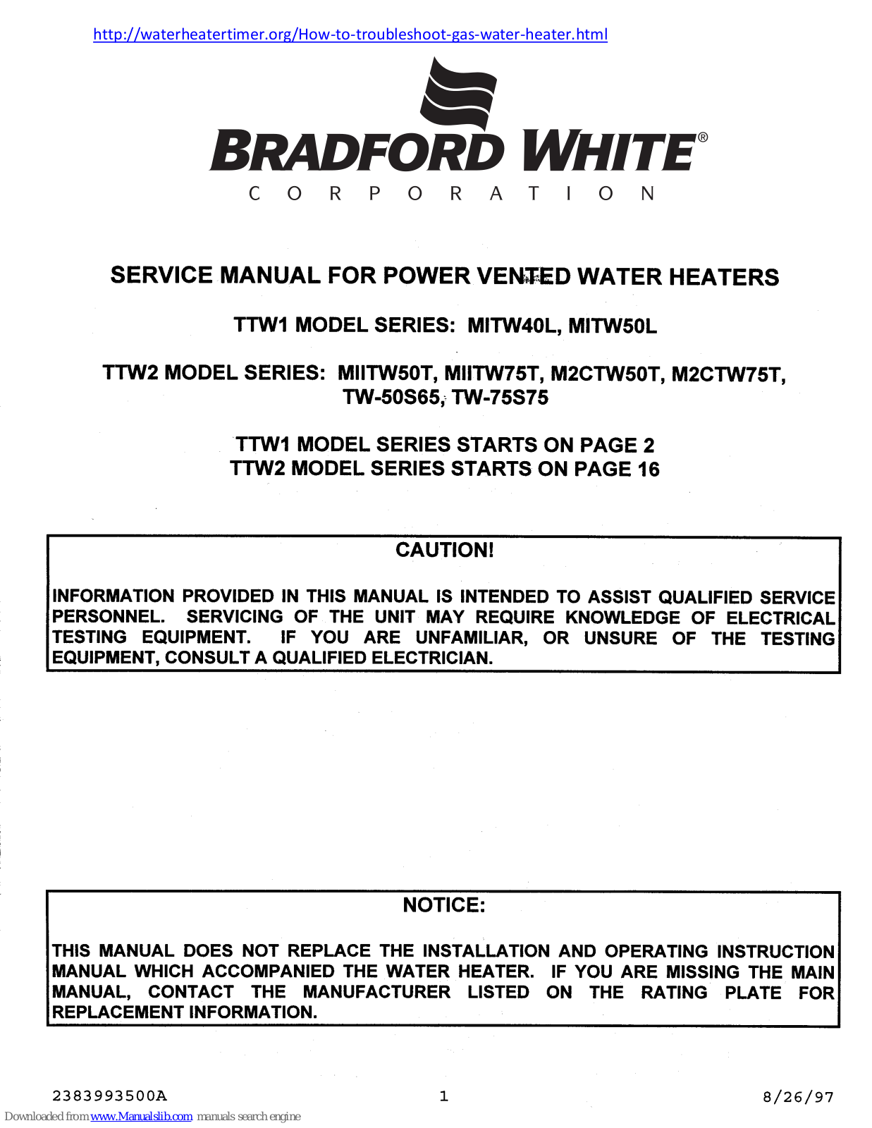 Bradford White MITW40L, MITW50L, MITW50T, MITW75T, M2CTW50T Service Manual