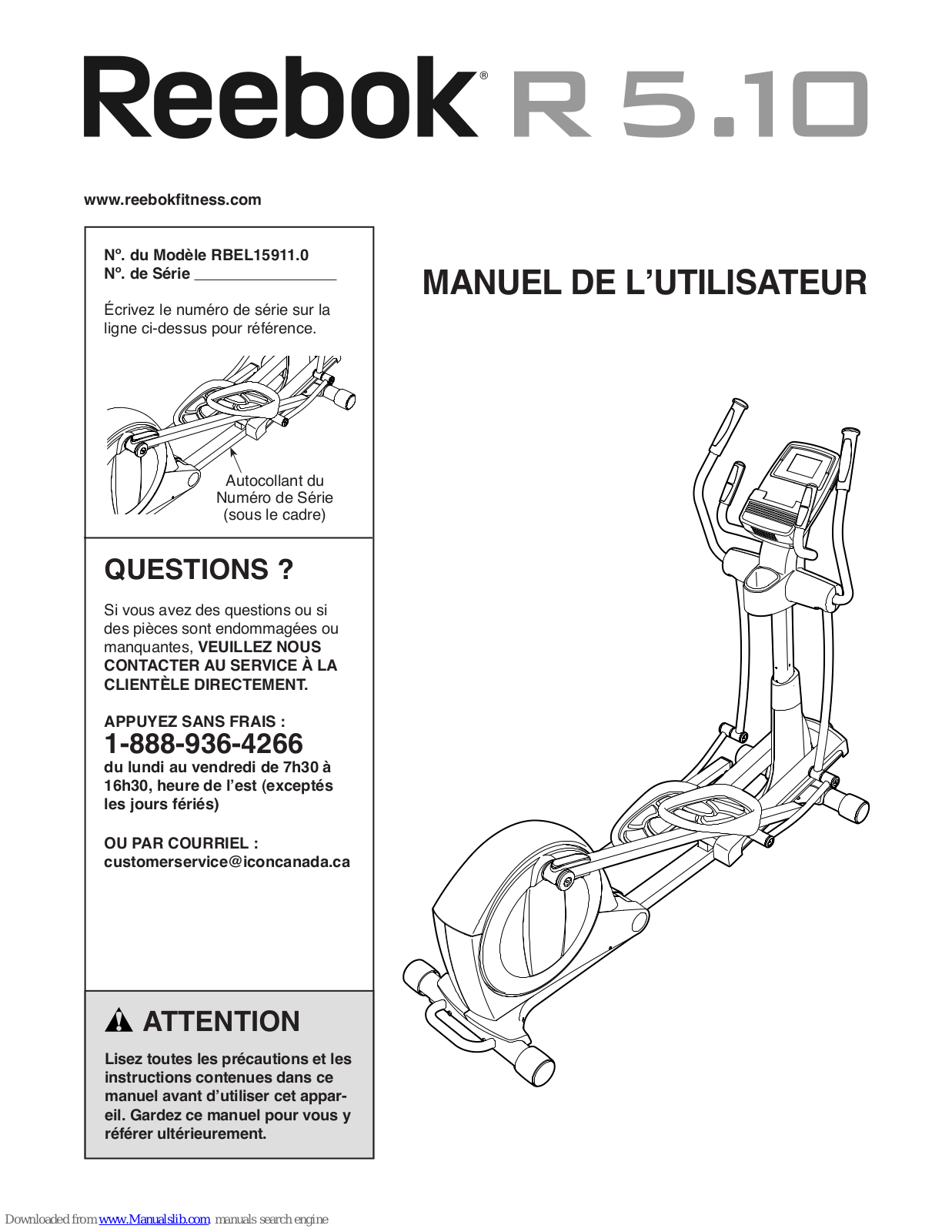 Reebok R 5.10 Elliptical, R 5.10, RBEL15911.0 Manuel De L'utilisateur