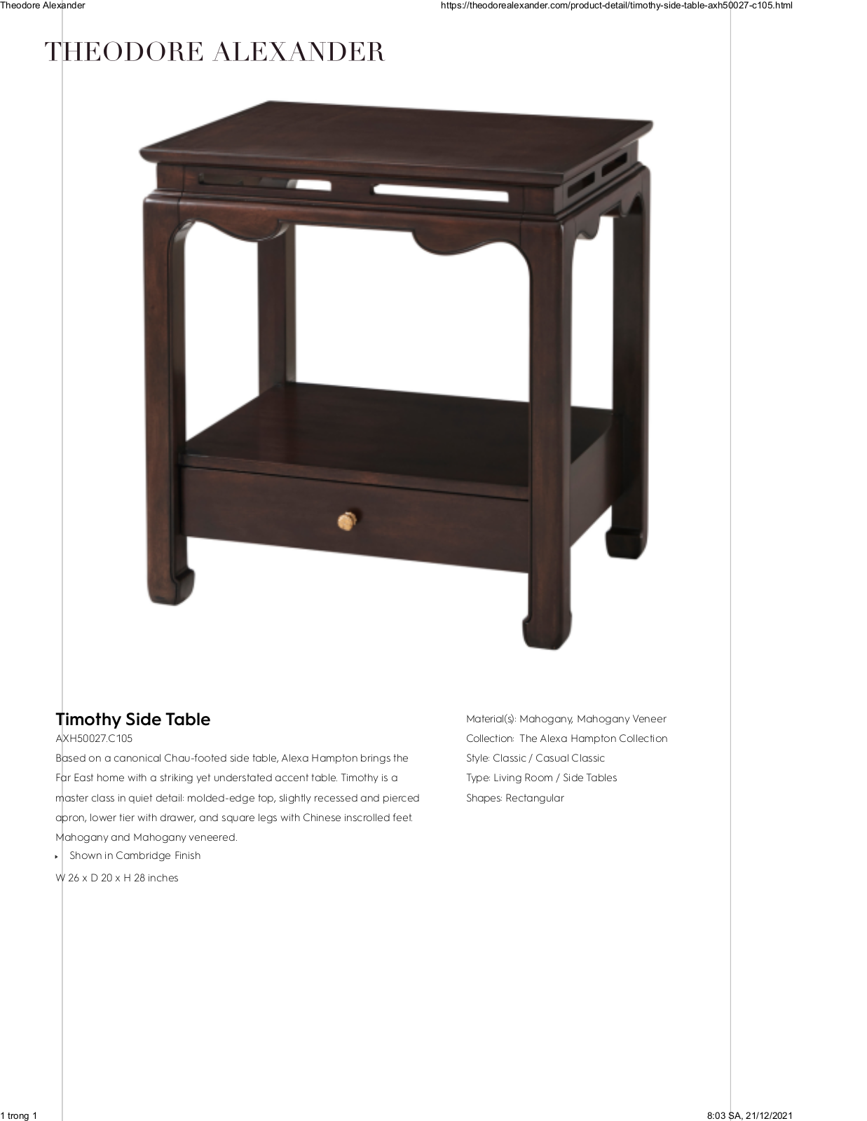 Theodore Alexander FPLJ3604 Specifications - ManualMachine.com