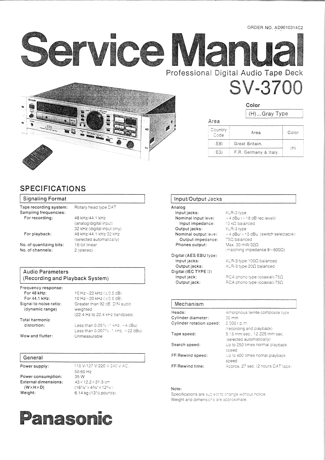 Panasonic SV-3700 Service manual