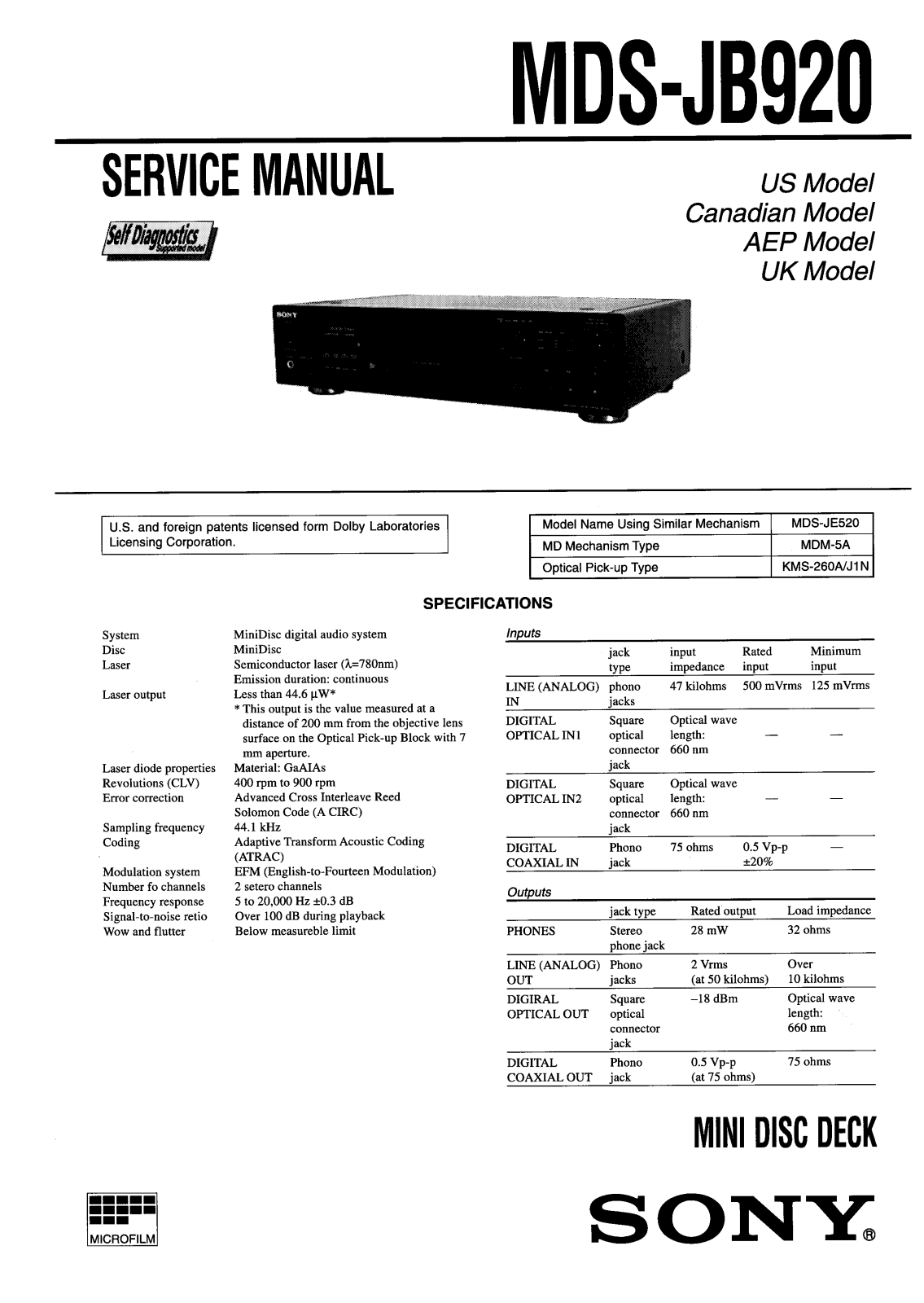 Sony MDSJB-920 Service manual