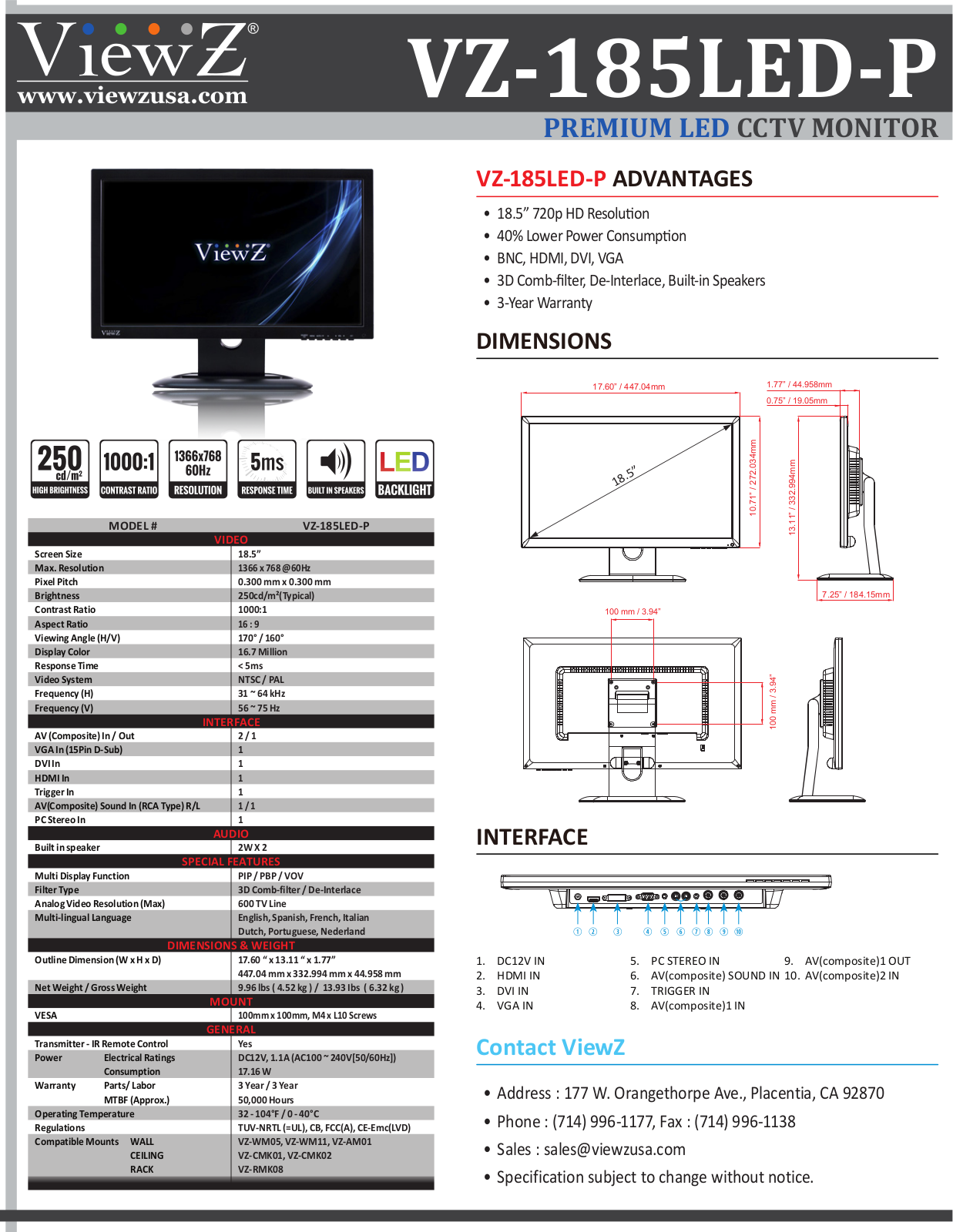 ViewZ VZ-185LED-P Specsheet