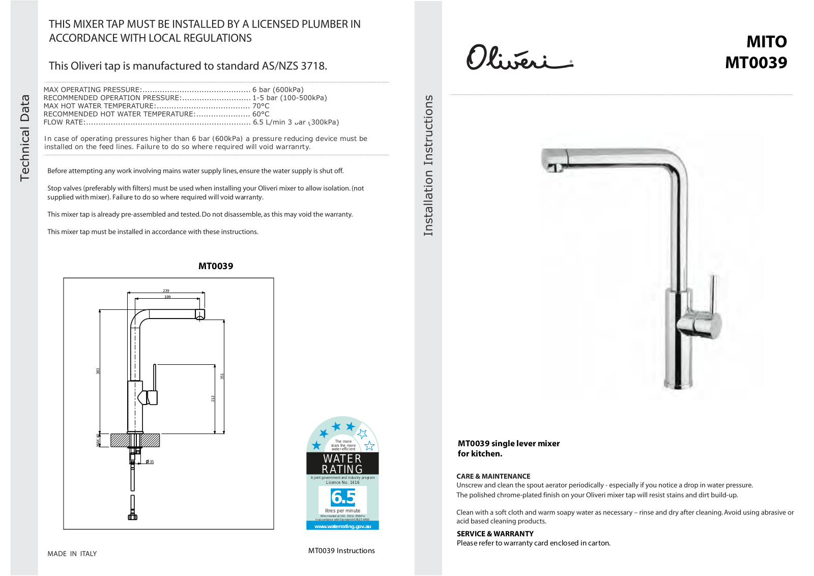 Oliveri MT0039B, MT0039C Installation Guide