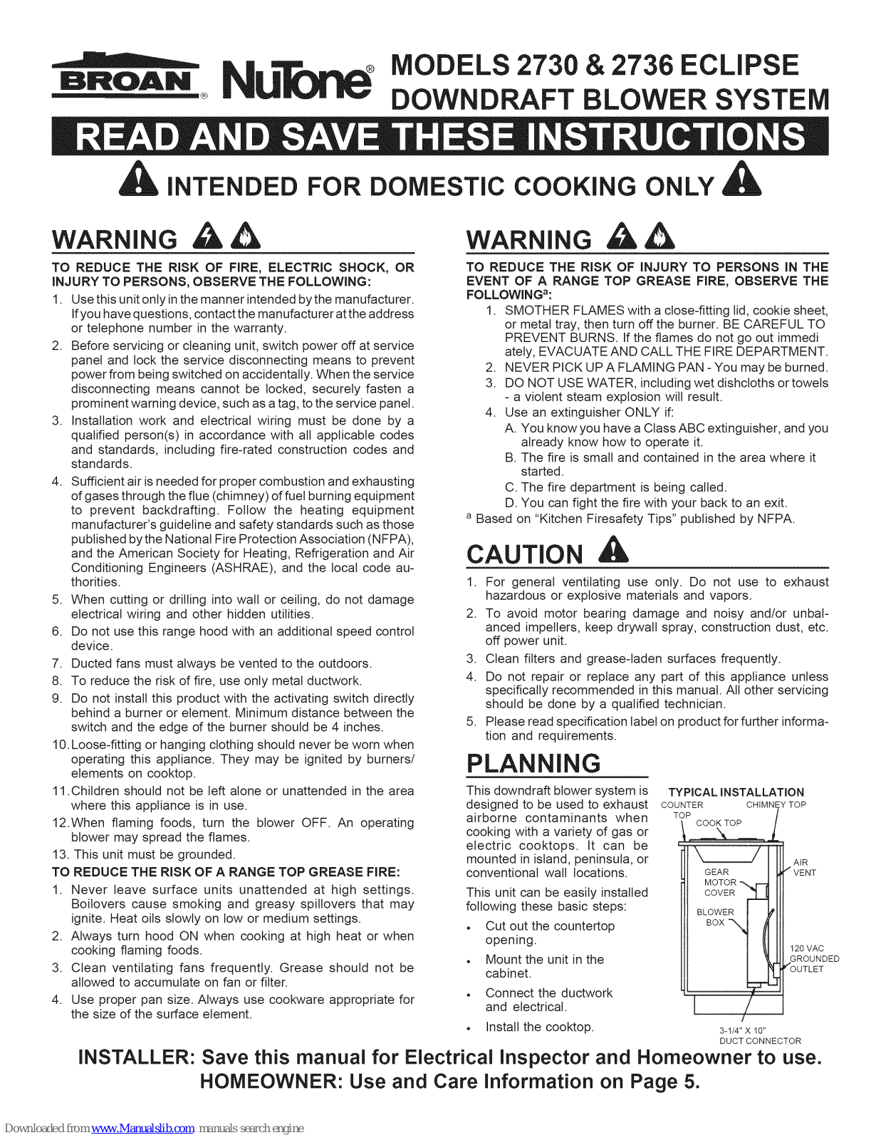 Broan Nutone 2736 eclipse, Nutone 2730 eclipse Instructions Manual - ManualMachine.com