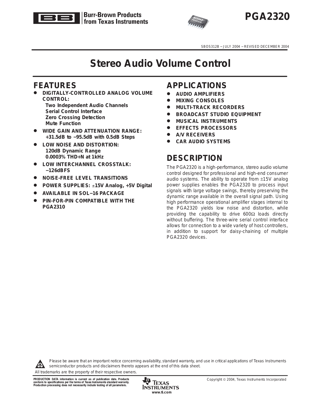 TEXAS INSTRUMENTS PGA2320 Technical data