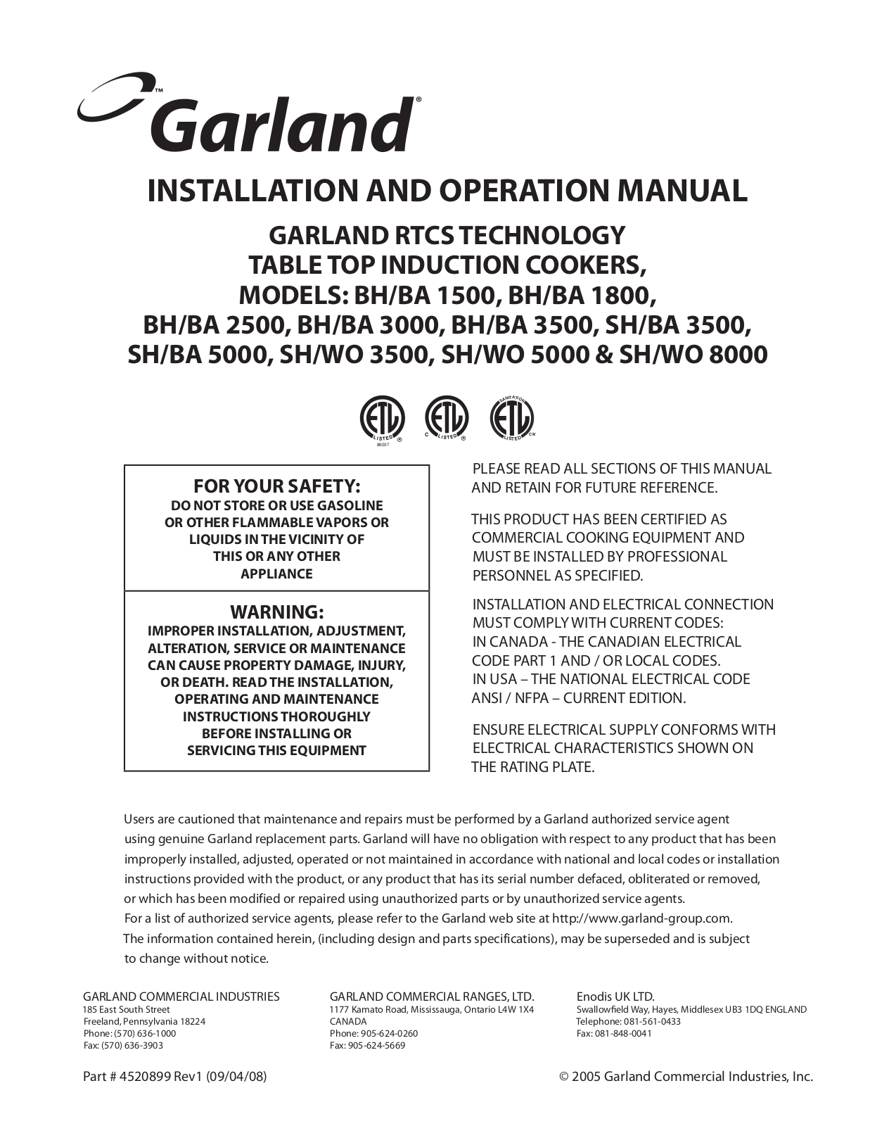 Garland BH-BA 2500 Installation Manual