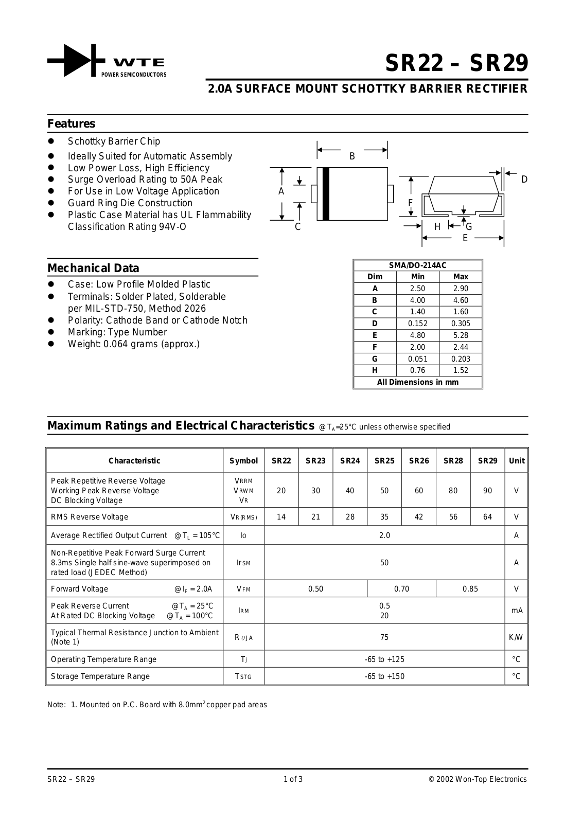 WTE SR22-T1, SR22-T3 Datasheet