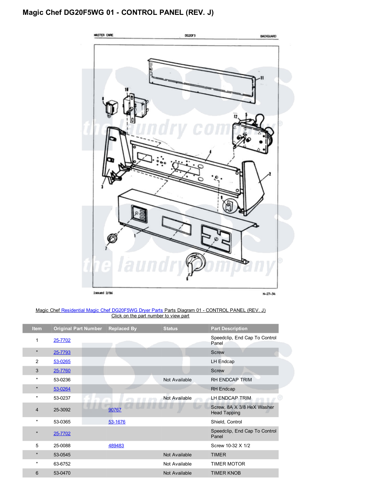 Magic Chef DG20F5WG Parts Diagram