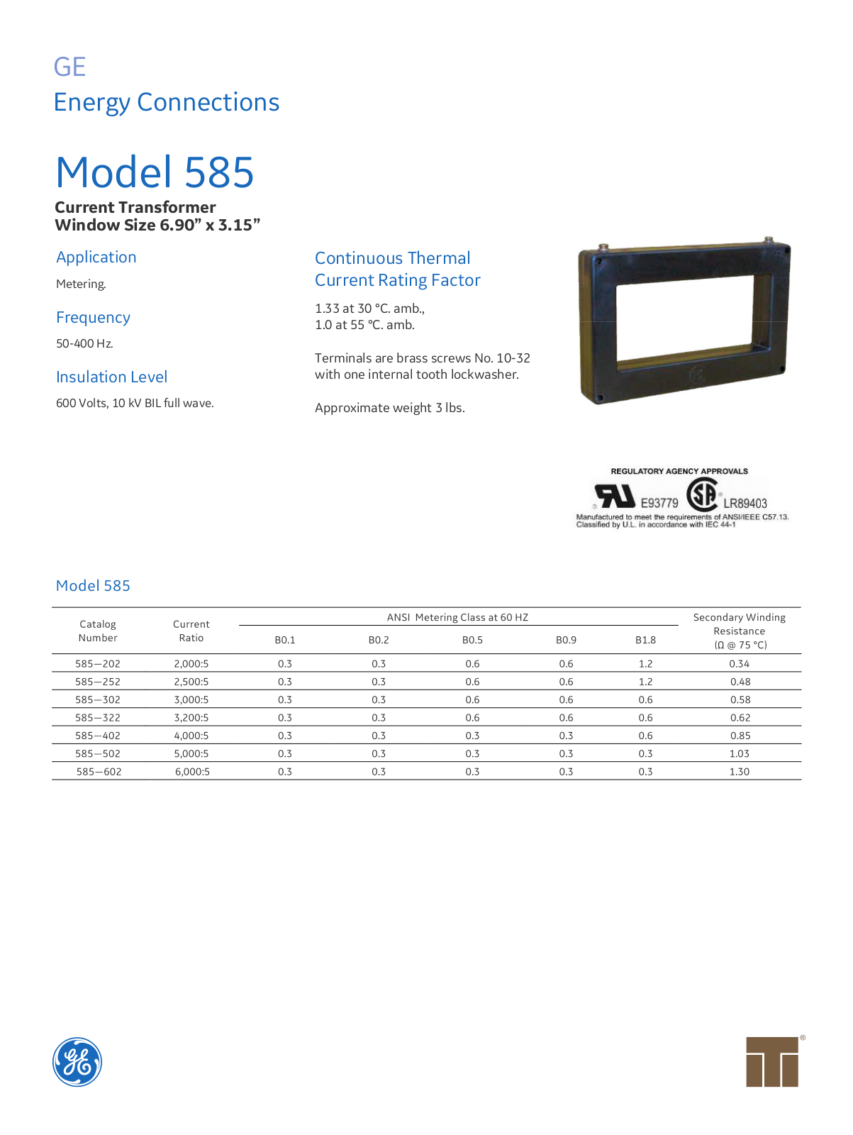 Instrument Transformer, Div of GE 585 Data Sheet