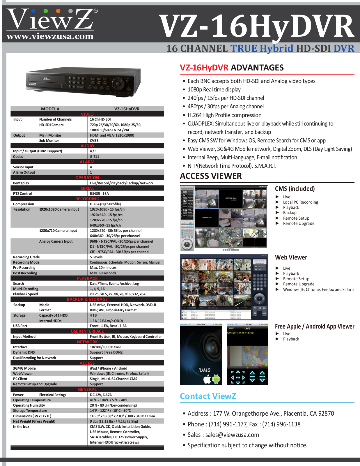 ViewZ VZ-16HyDVR, VZ-16HyDVR-6, VZ-16HyDVR-8, VZ-16HyDVR-D, VZ-16HyDVR-2D Specsheet