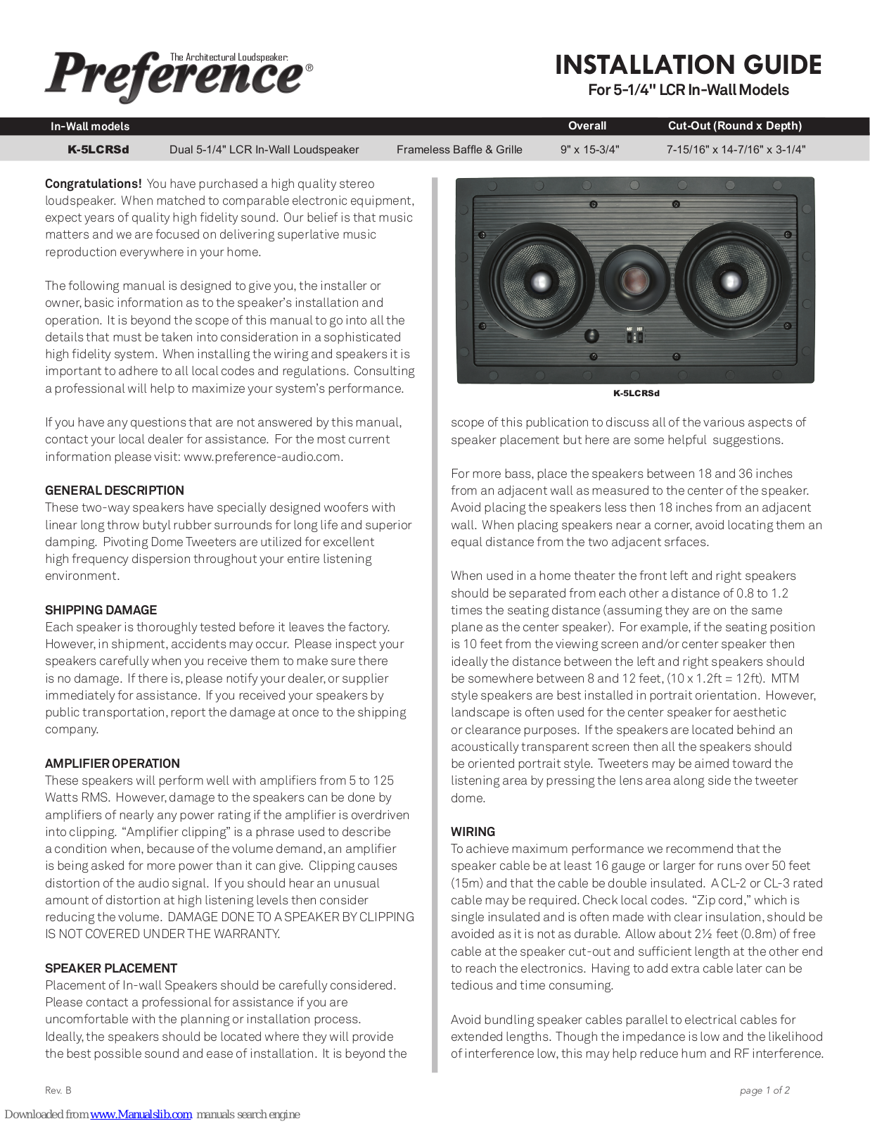 Preference K-5LCRSd Installation Manual - ManualMachine.com