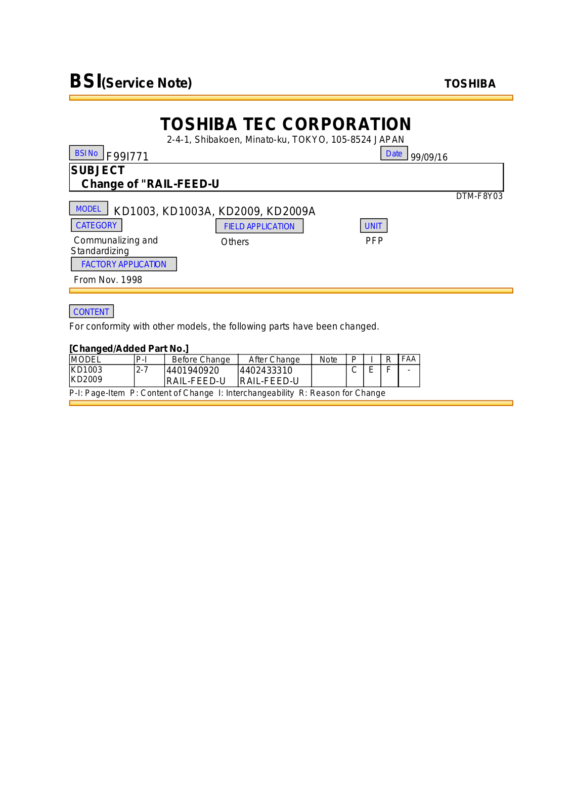 Toshiba f99i771 Service Note