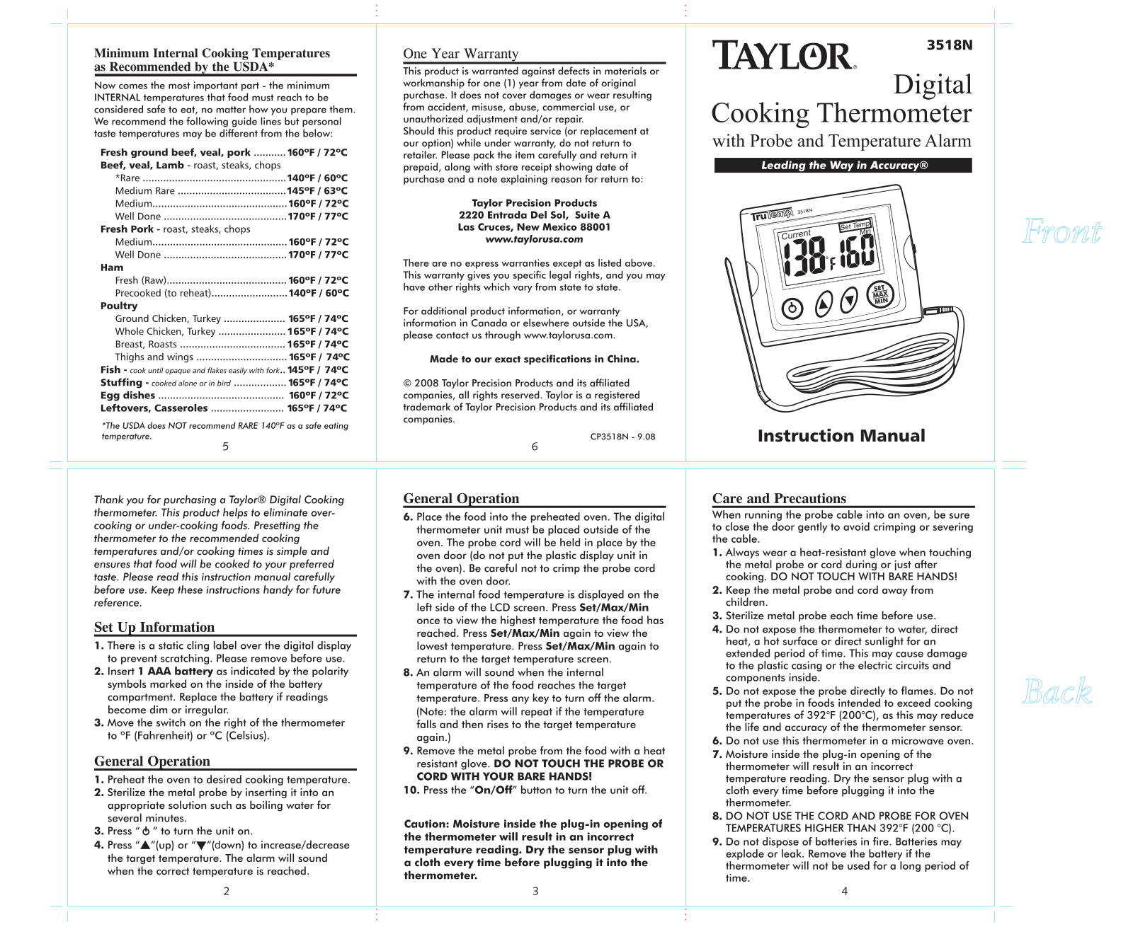 Taylor Thermometer 3518N User Manual