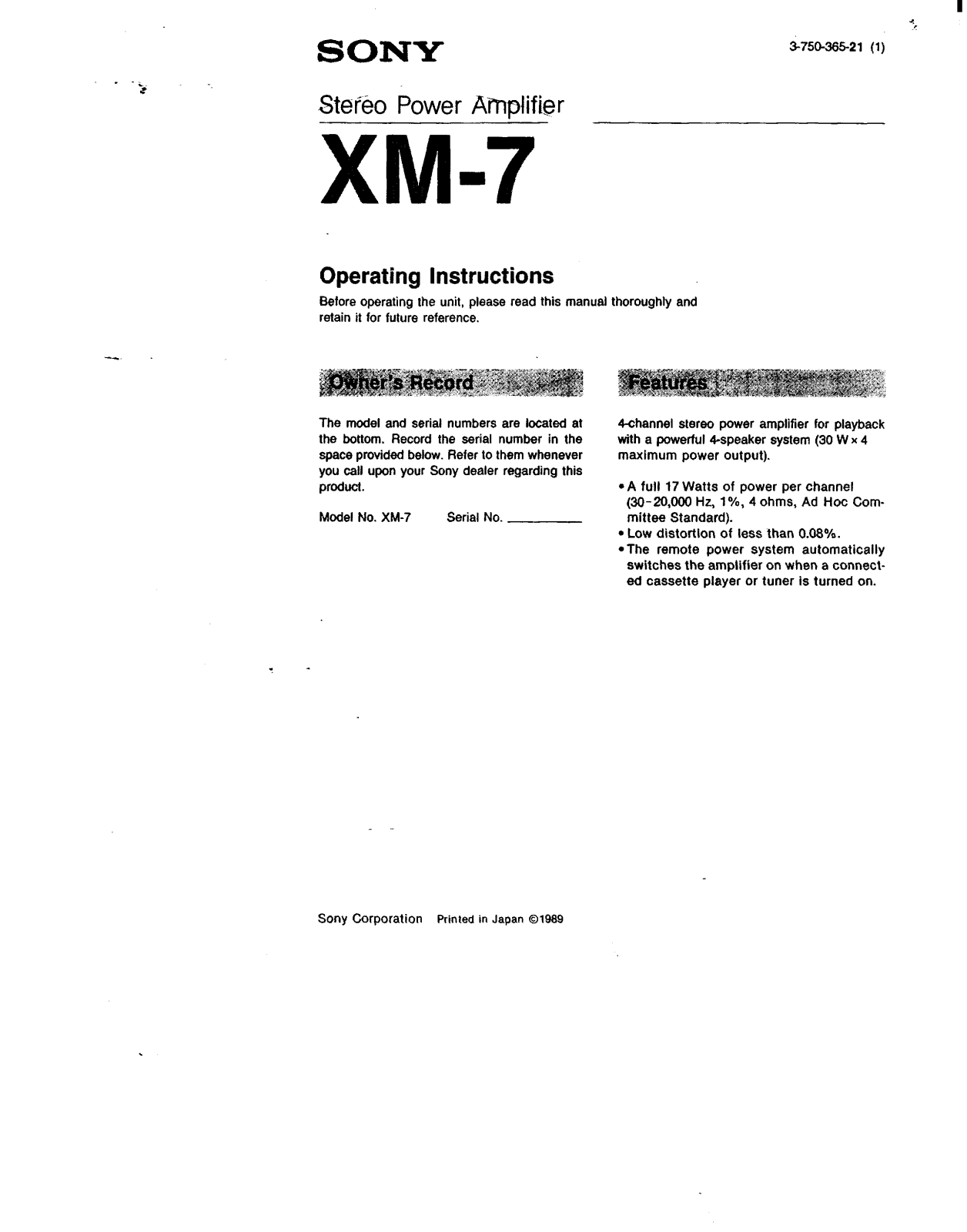 Sony XM-7 User Manual