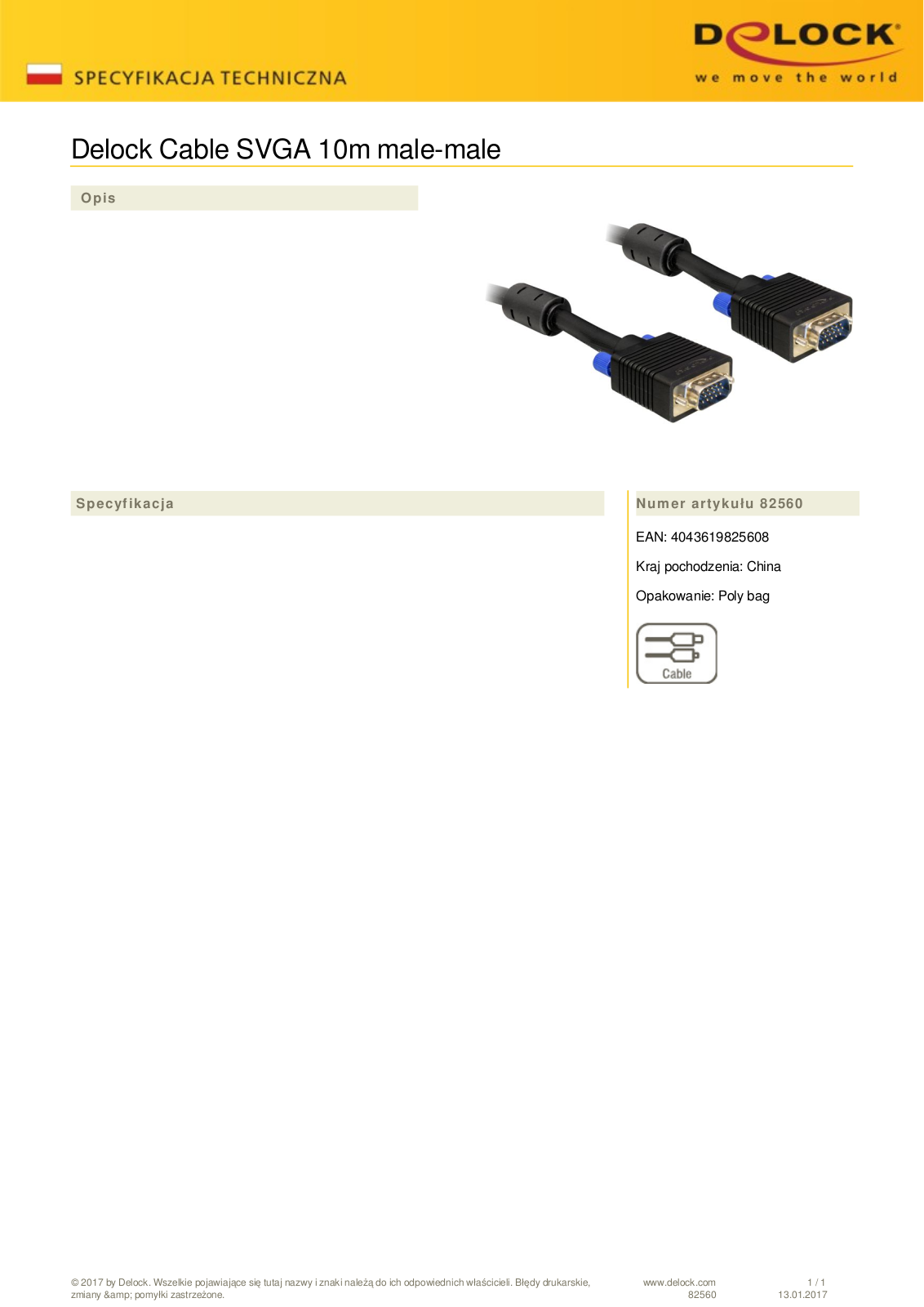 DeLOCK SVGA plug-plug cable 10m User Manual