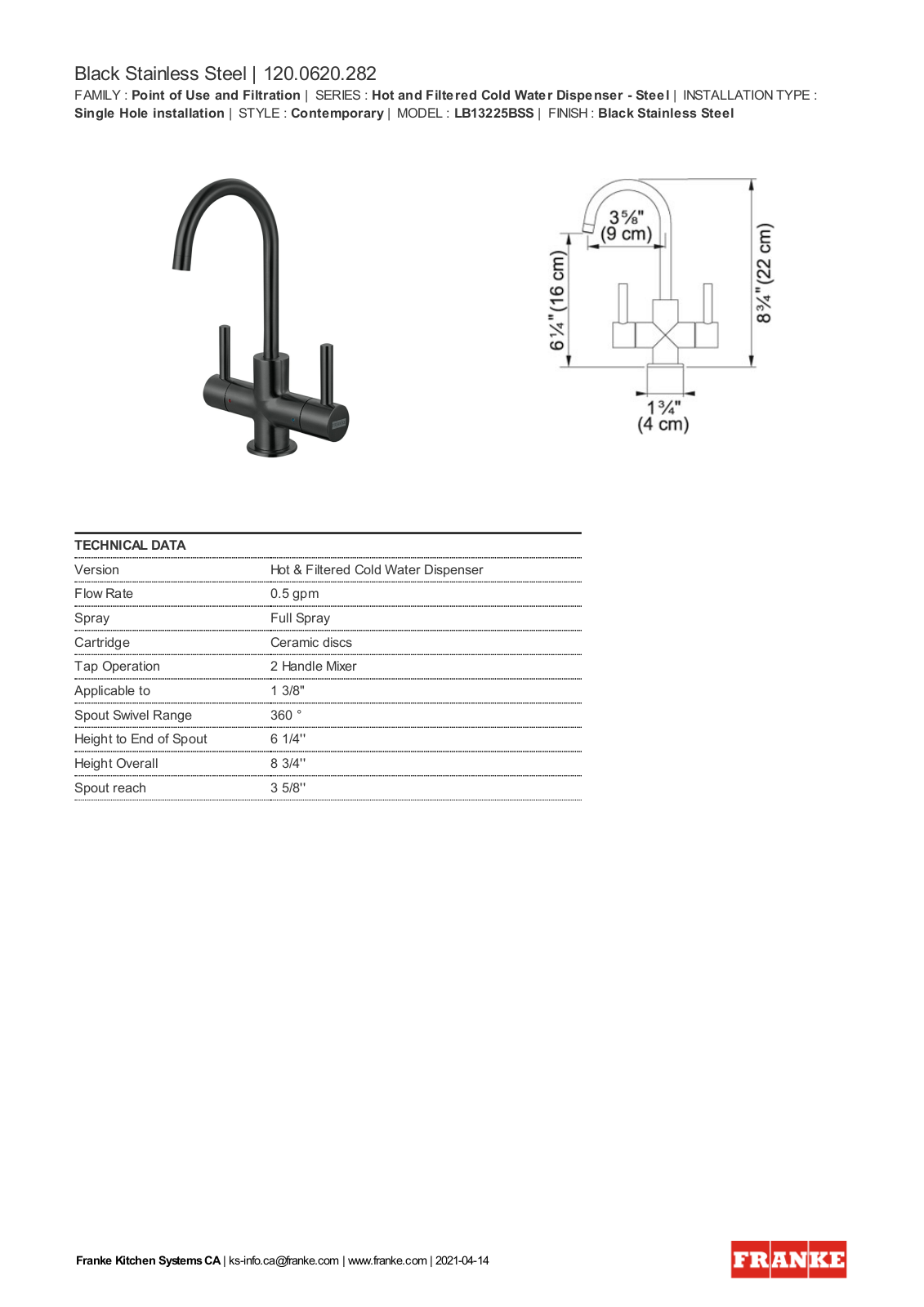 Franke LB13225BSS Specification Sheet