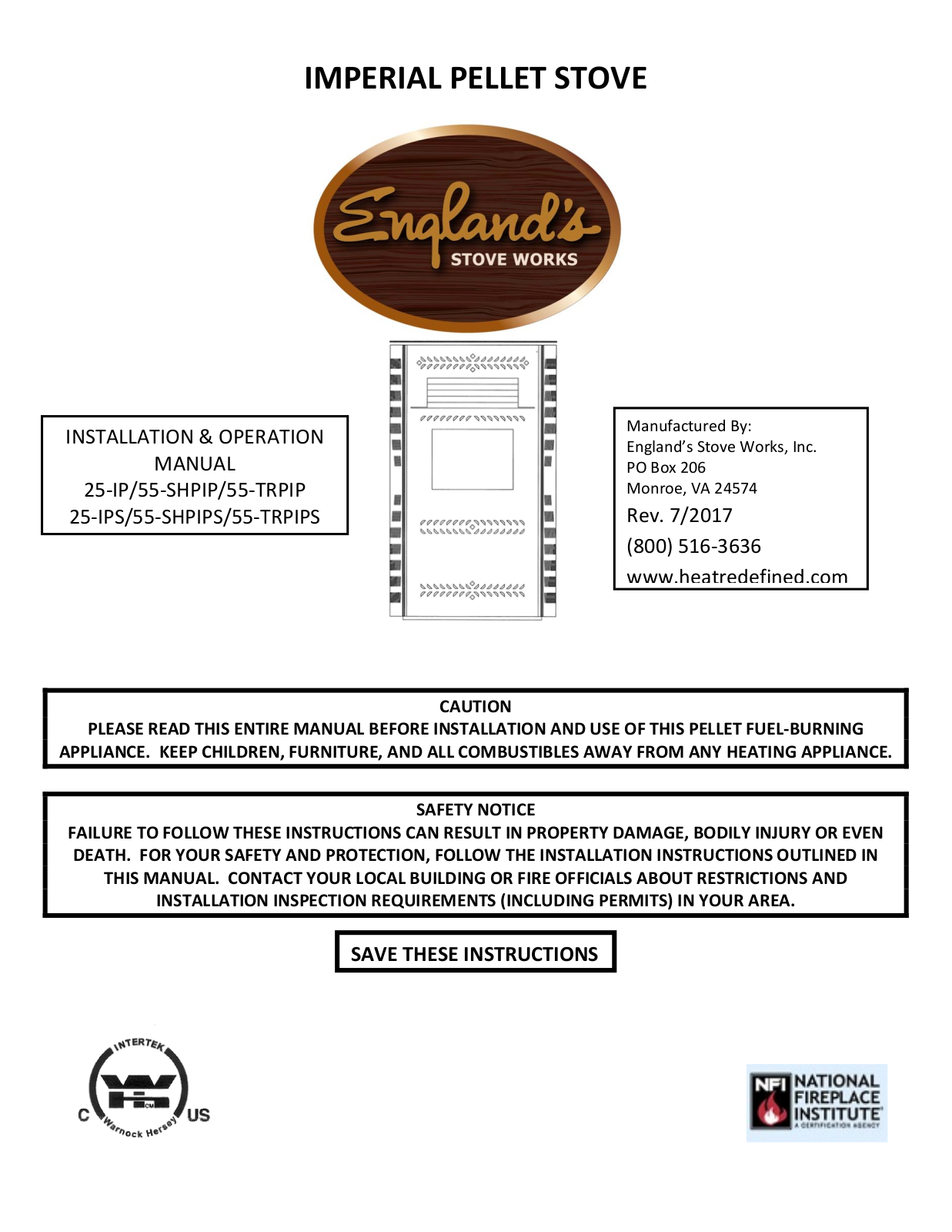 England’s stove 25-IP, 25-IPS, 55-TRPIPS, 55-TRPIP, 55-SHPIPS OPERATION MANUAL