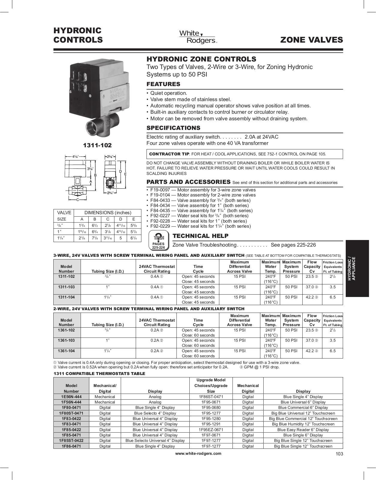 White Rodgers 1361-103, 1361-104, 1361-102, 1311-103, 1311-104 Catalog Page