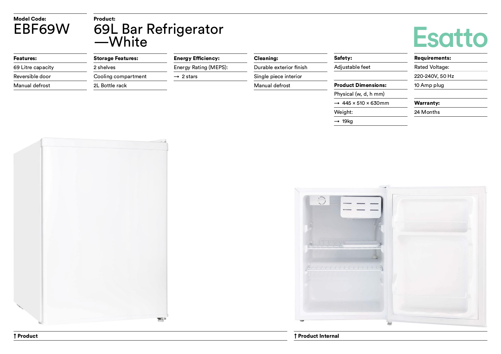 Esatto EBF69W Specifications Sheet