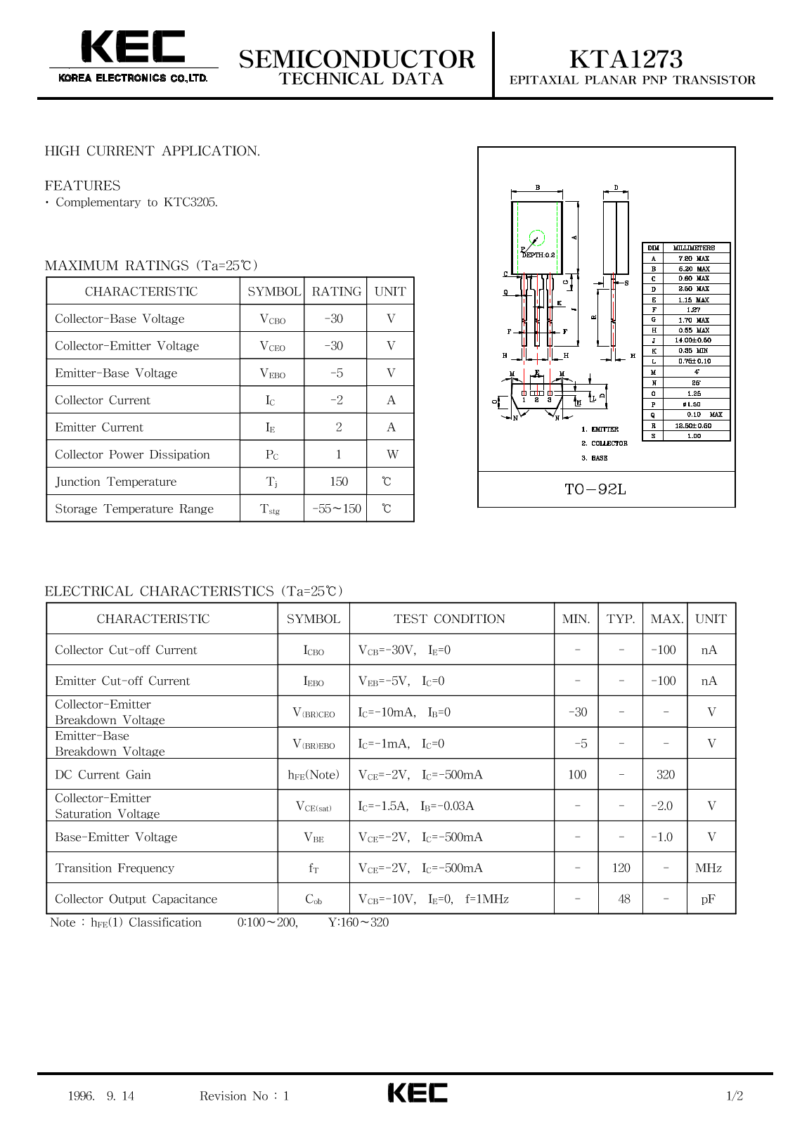 KEC KTA1273 Datasheet