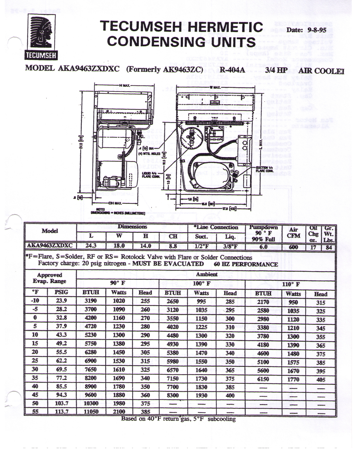 Tecumseh AKA9463ZXDXC Performance Data Sheet