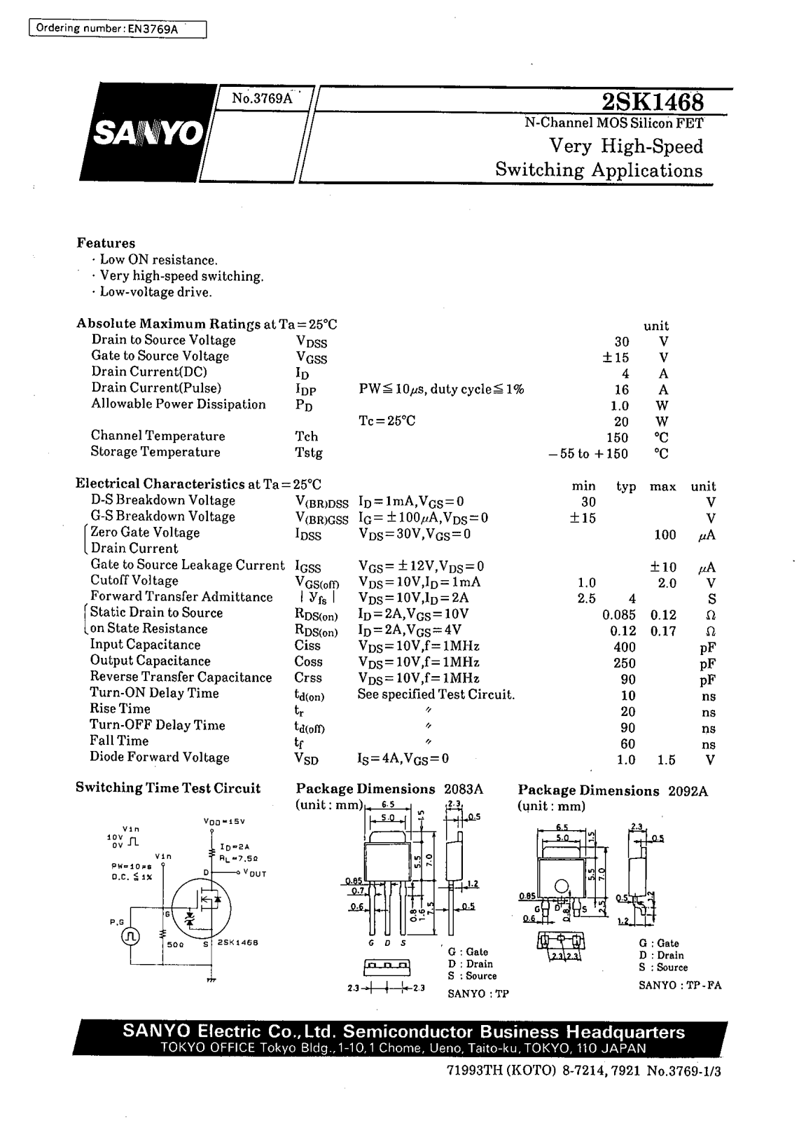 SANYO 2SK1468 Datasheet