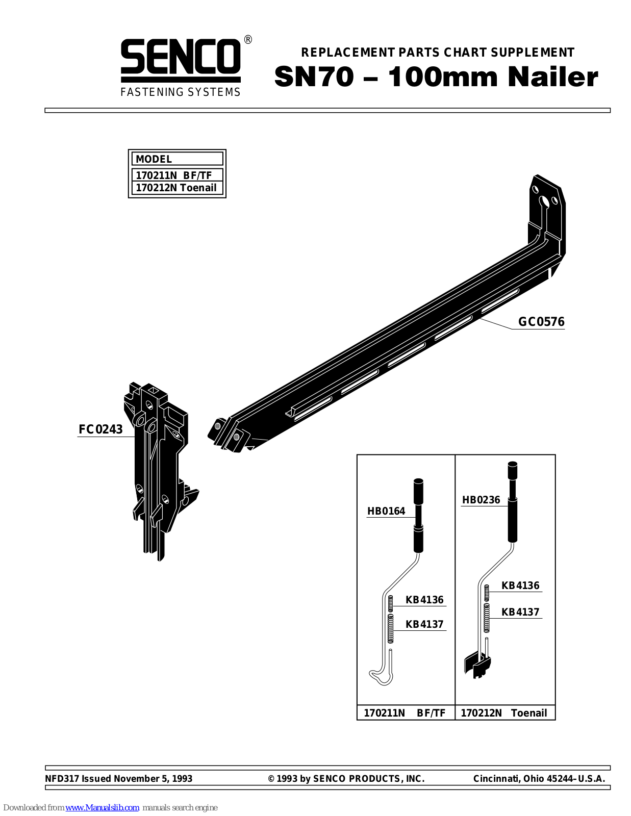 Senco 100mm nailer SN70,SN70 Replacement Parts Manual