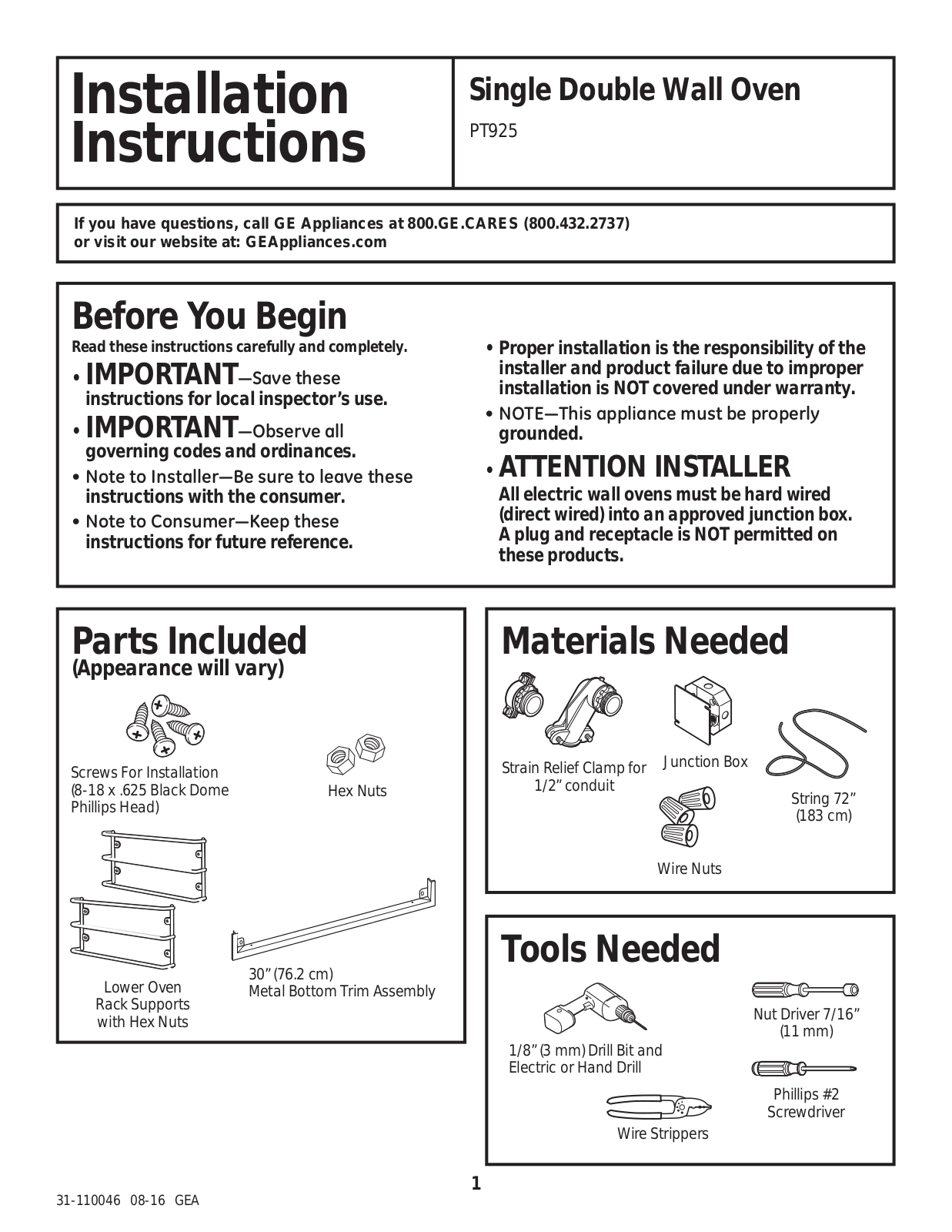 GE PT925DN4BB, PT925SN5SS Installation Guide