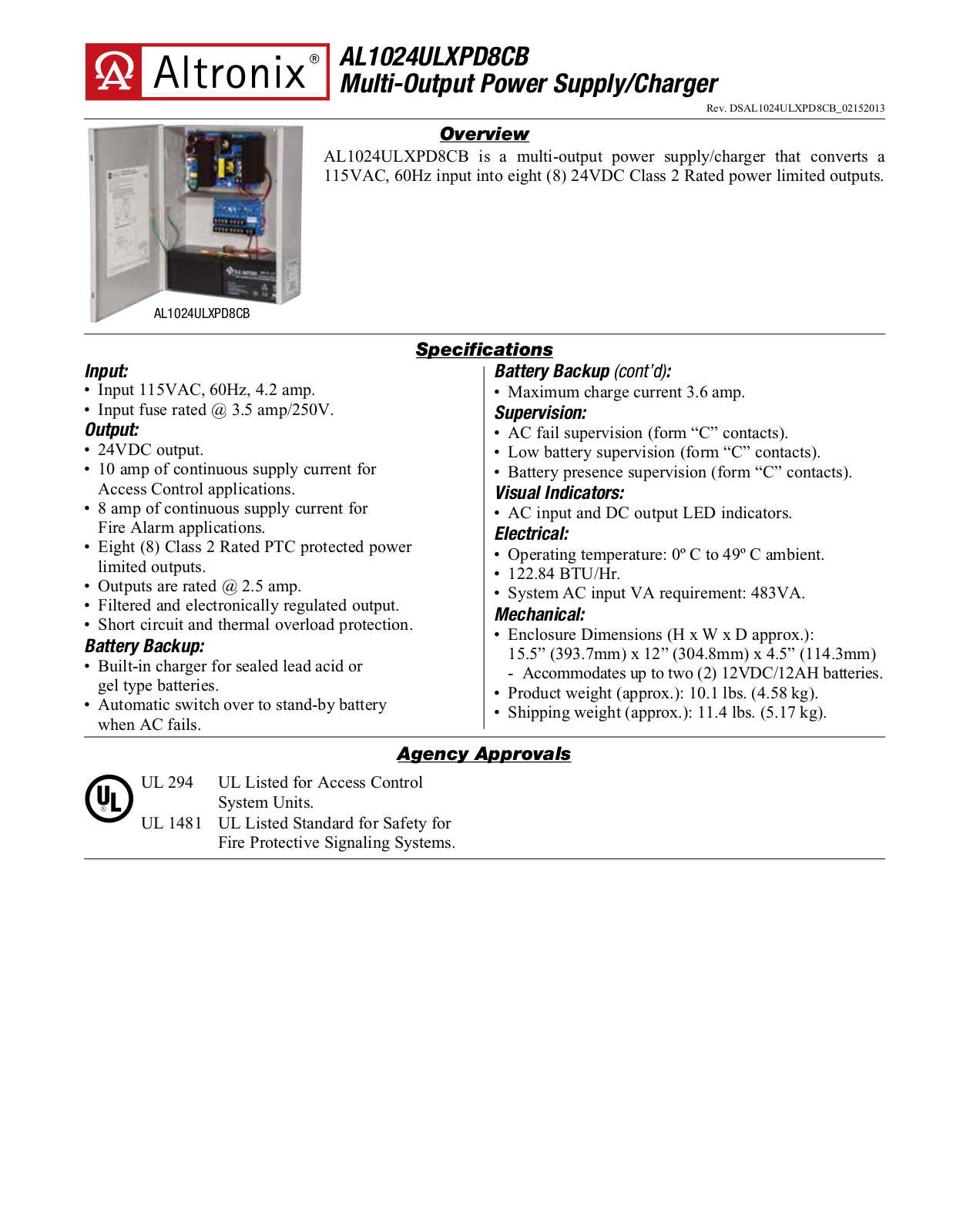 Altronix AL1024ULXPD8CB Specsheet