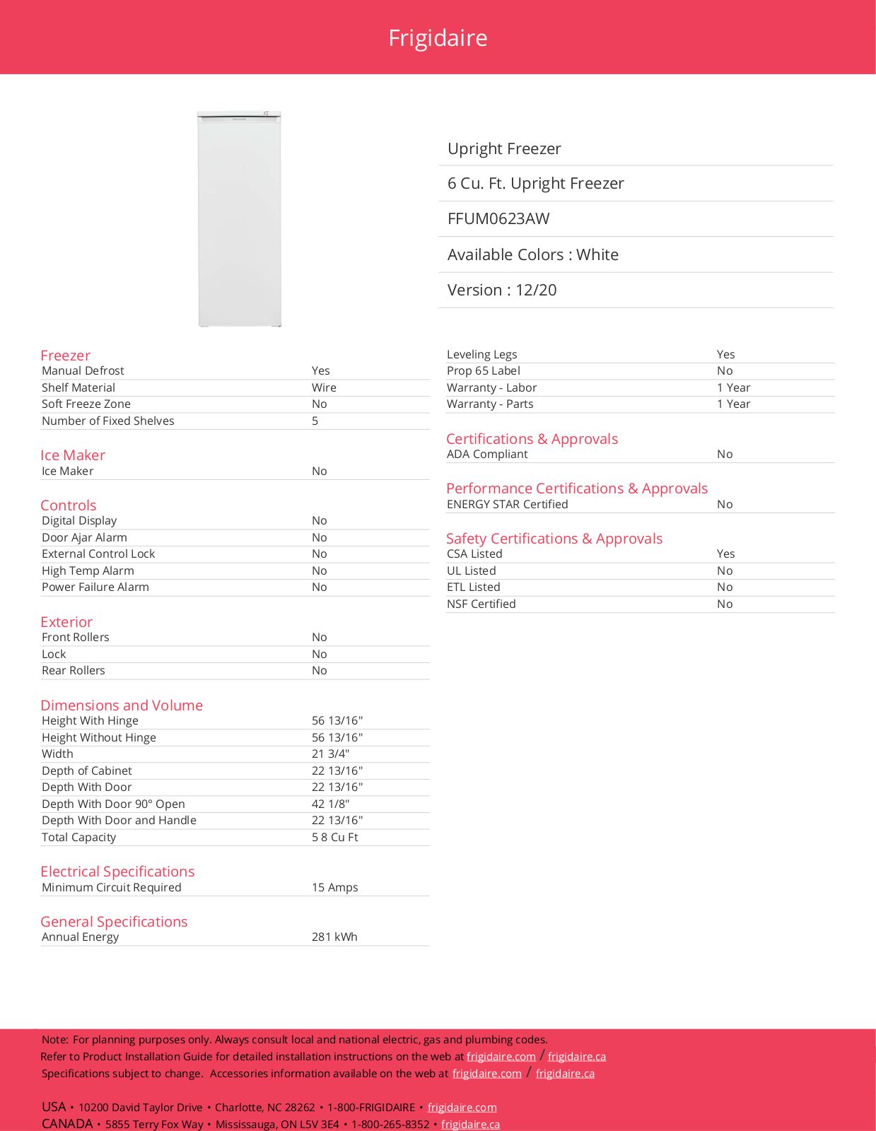 Frigidaire FFUM0623AW Specification Sheet