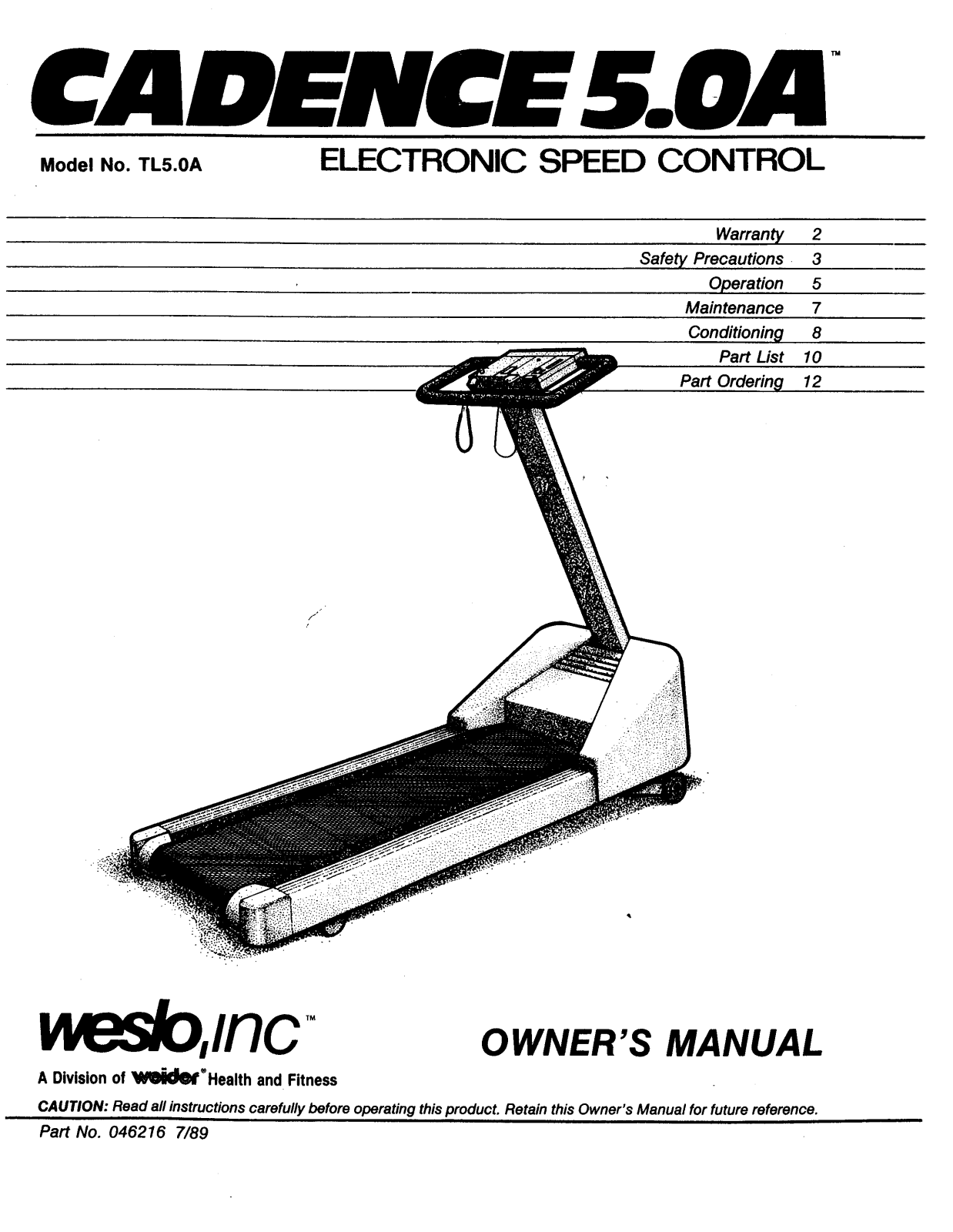 Weslo TL5.0A Owner's Manual