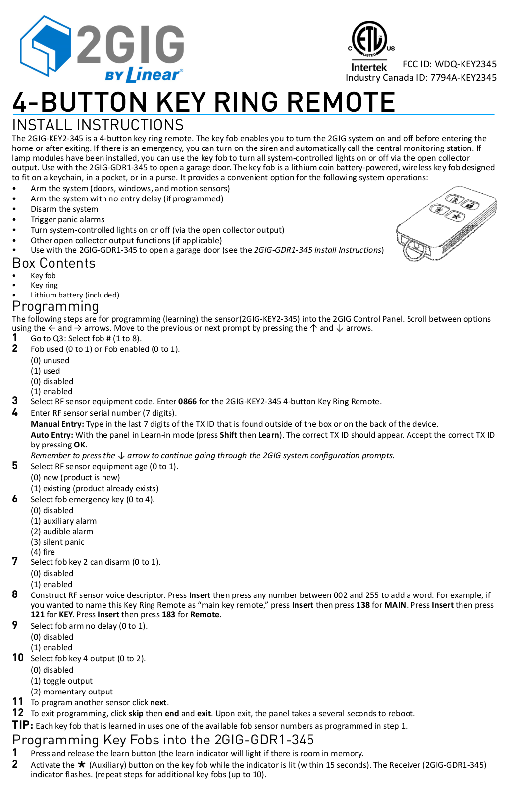 2GIG KEY2-345 User Manual