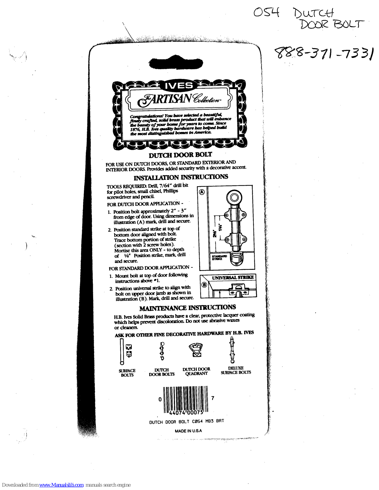 Ives Artisan 054 Installation Instructions Manual